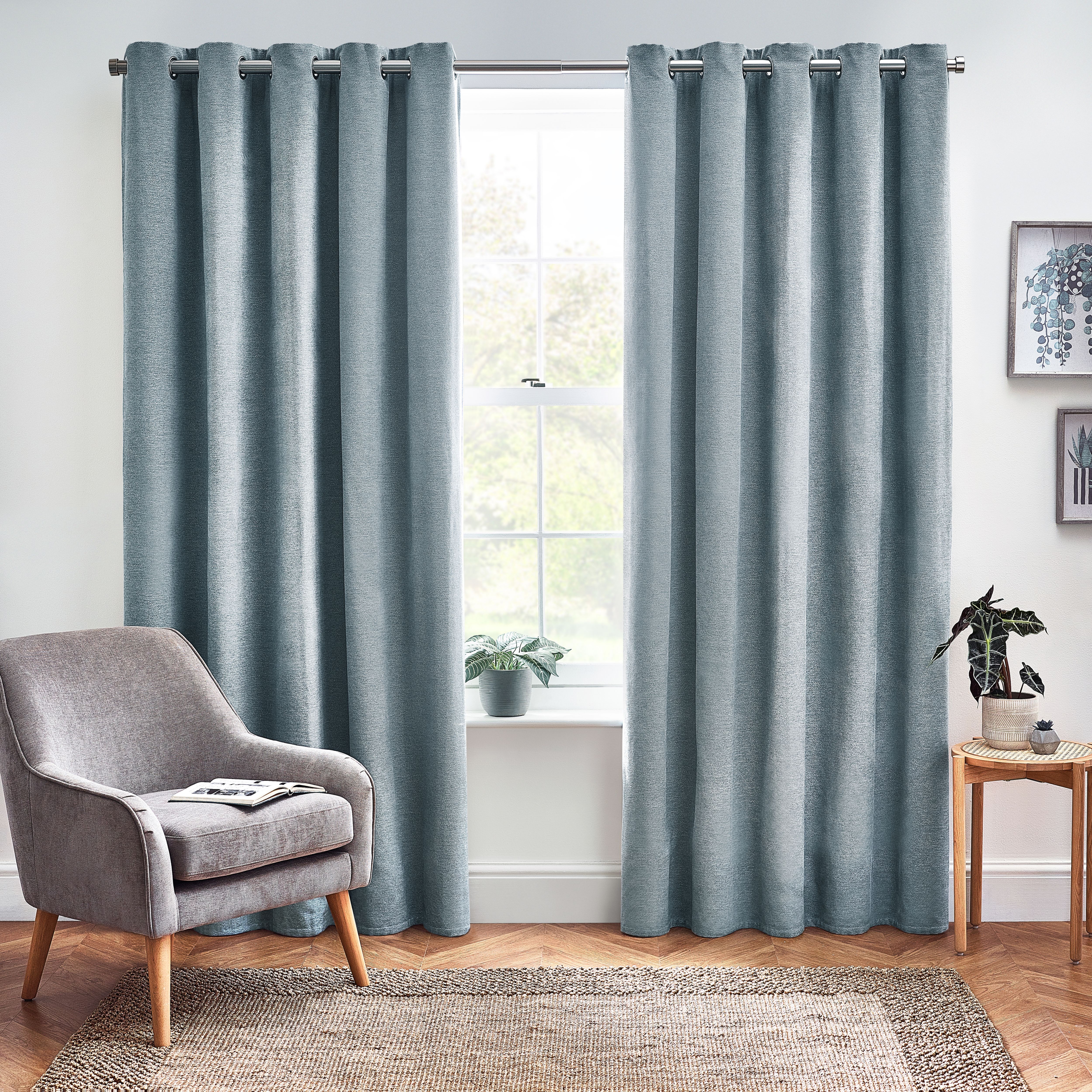Harris Duck Egg Herringbone Chenille Lined Eyelet Curtains (W)167cm (L)183cm, Pair