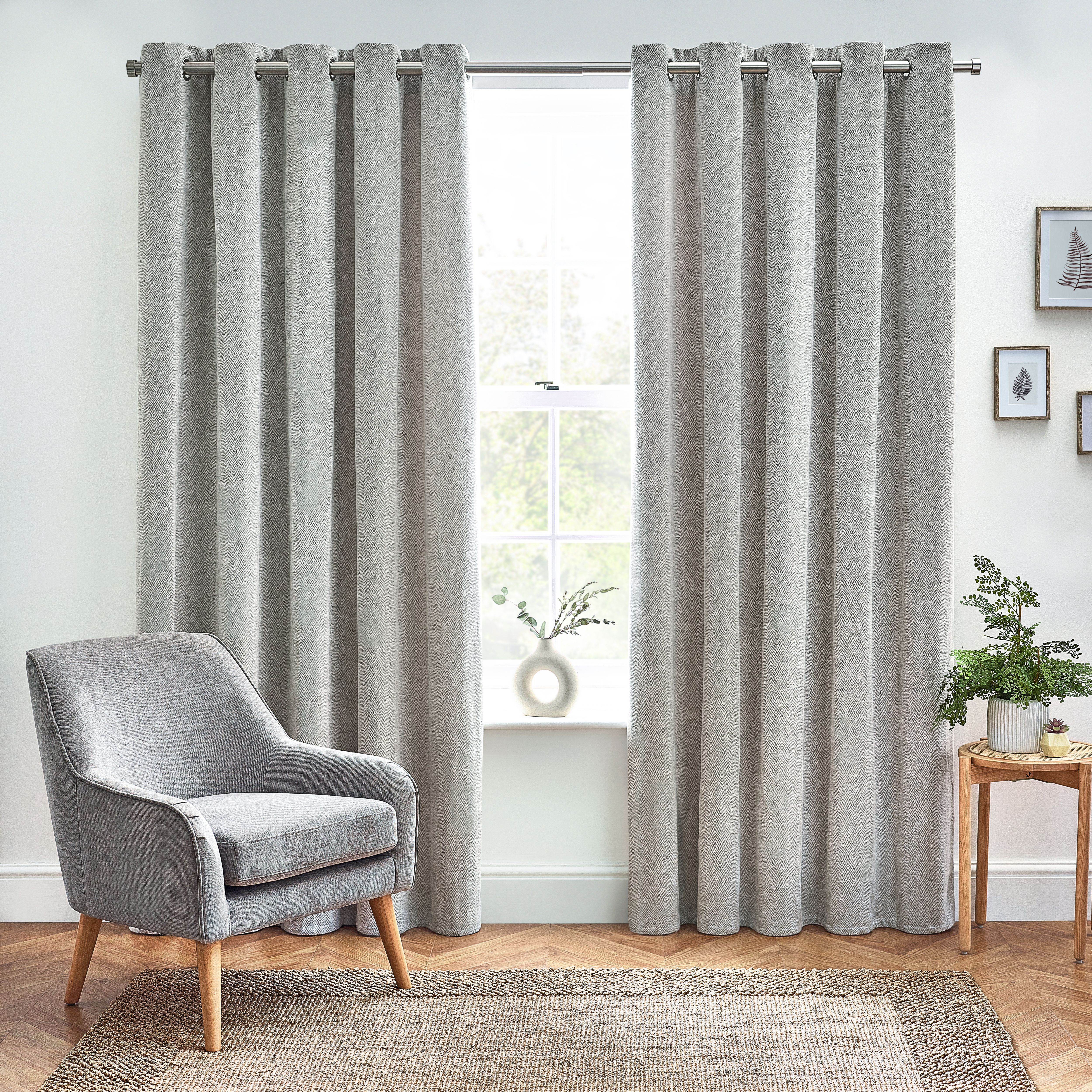 Harris Grey Herringbone Chenille Lined Eyelet Curtains (W)167cm (L ...