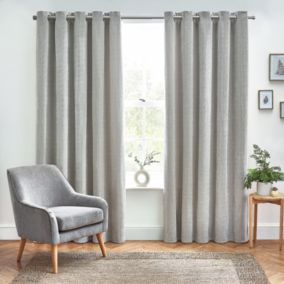 Harris Grey Herringbone Chenille Lined Eyelet Curtains (W)167cm (L)183cm, Pair