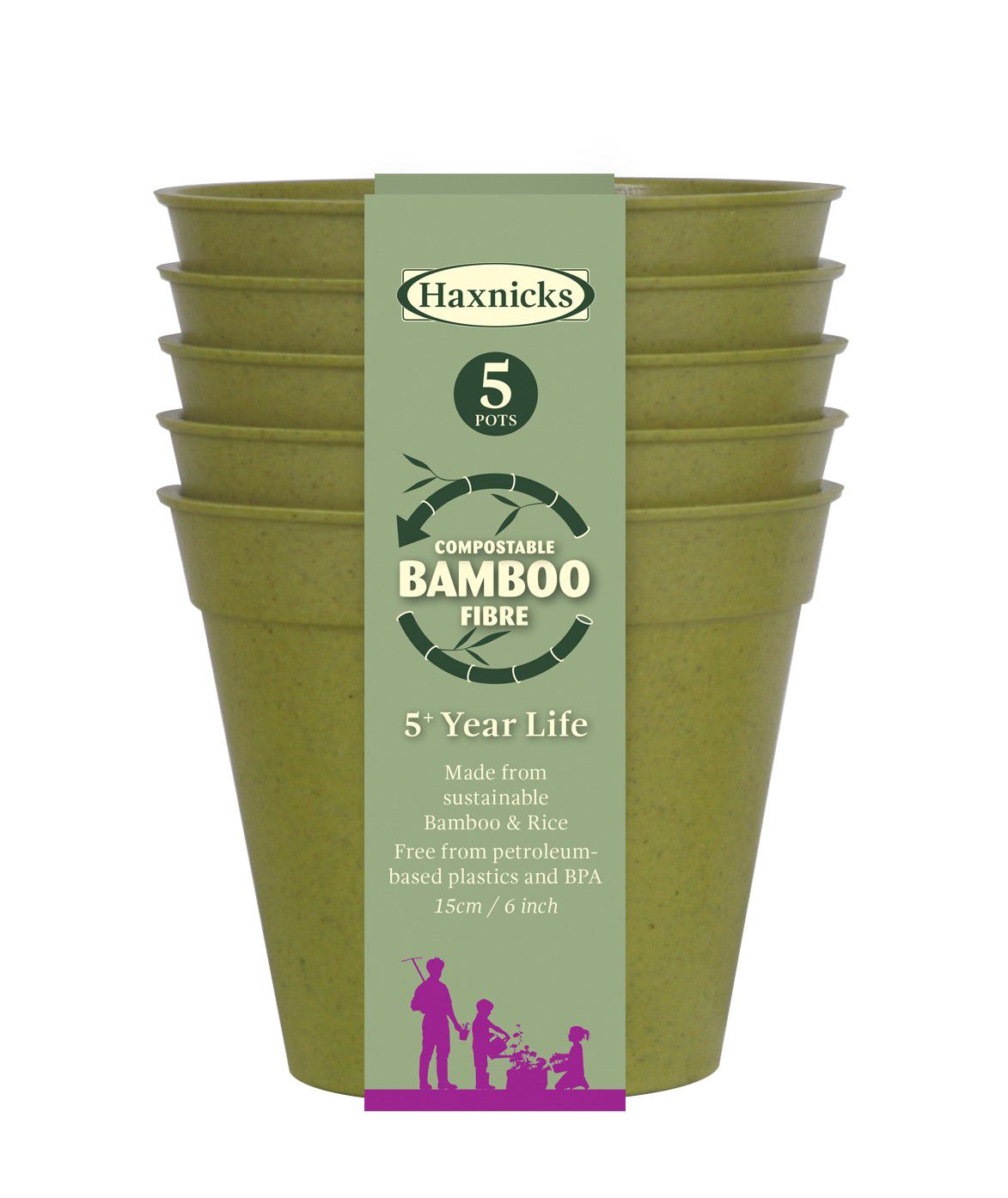 Haxnicks Sage Green Bamboo Round Plant pot (Dia)15cm, Pack of 5