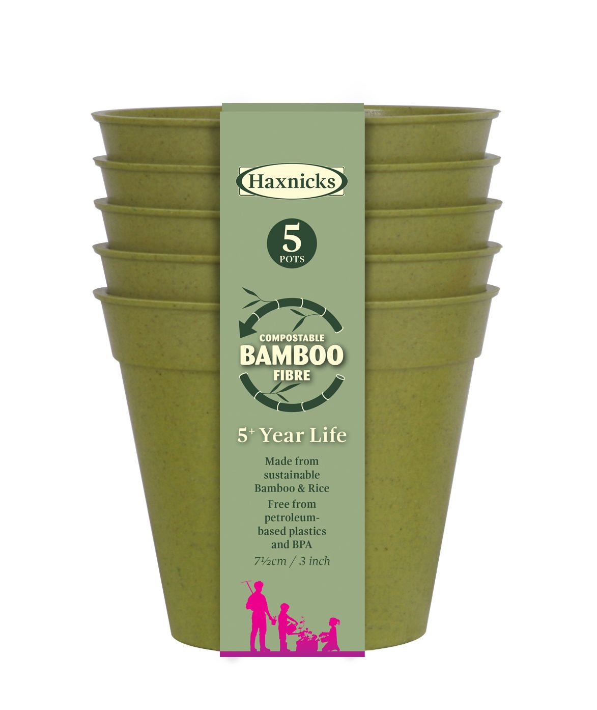 Haxnicks Sage Green Bamboo Round Plant pot (Dia)7.5cm, Pack of 5