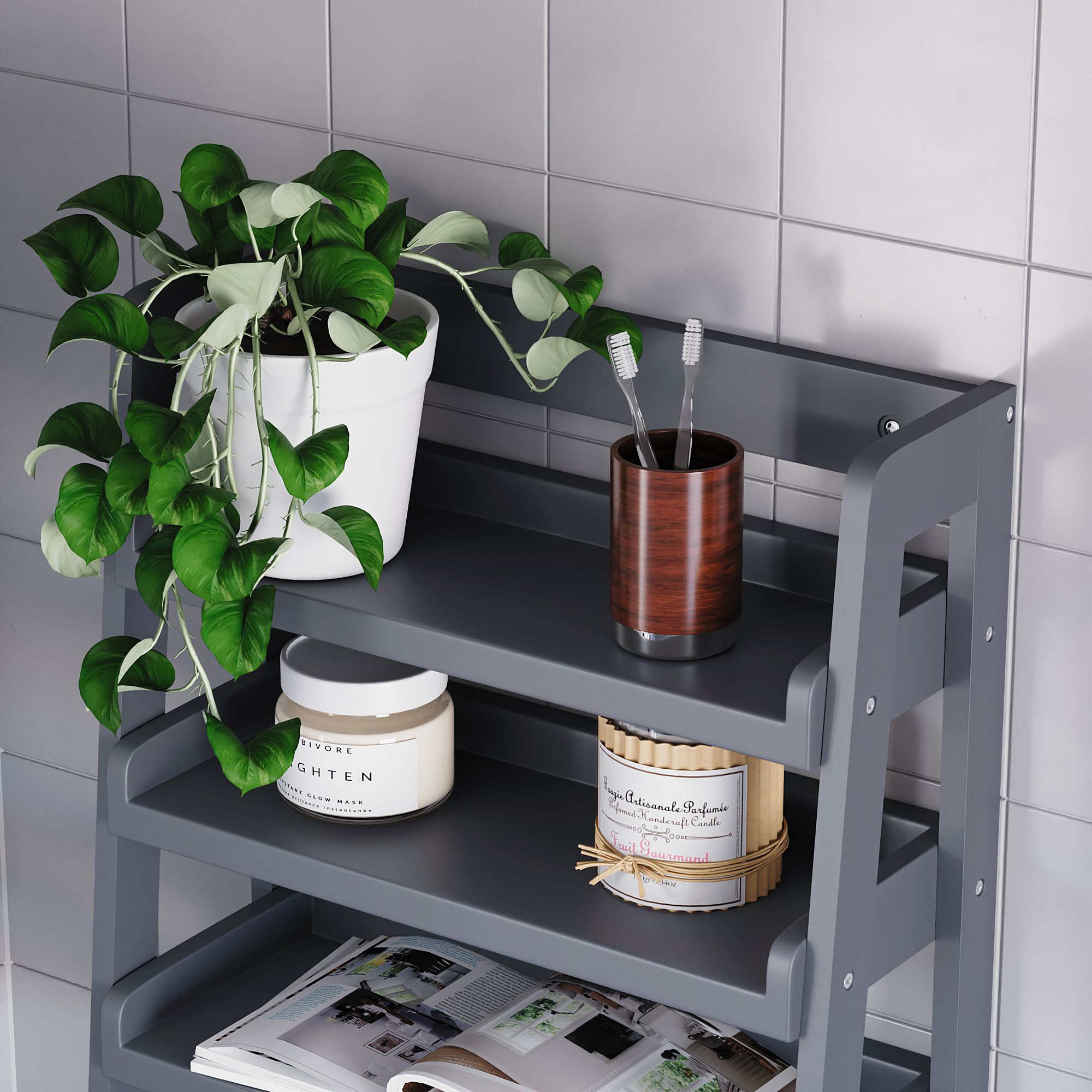 Hayle Matt Grey Wood Rectangular Wall-mounted Bathroom Shelf (D)20cm (H)53cm (L)20cm