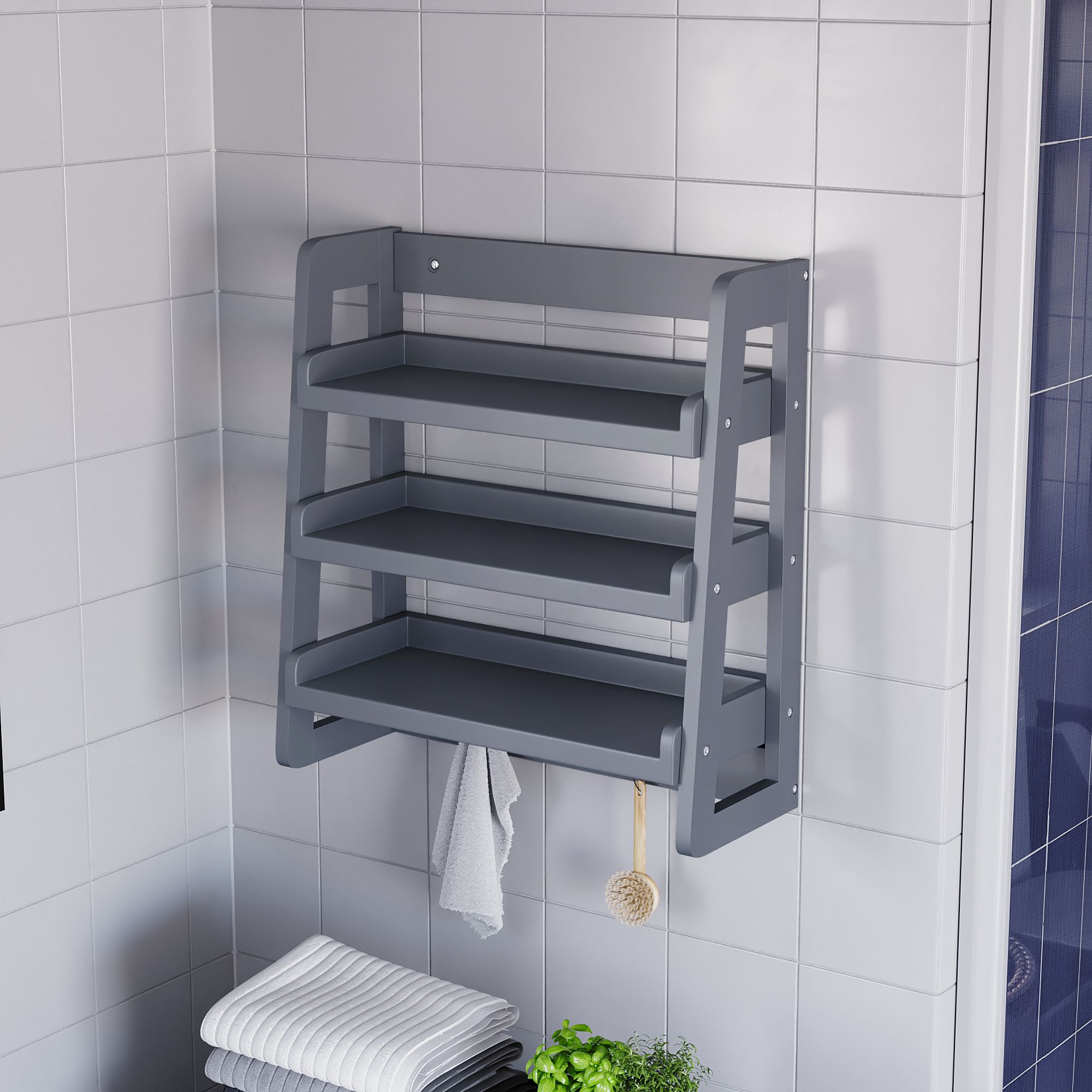 Hayle Matt Grey Wood Rectangular Wall-mounted Bathroom Shelf (D)20cm (H)53cm (L)20cm
