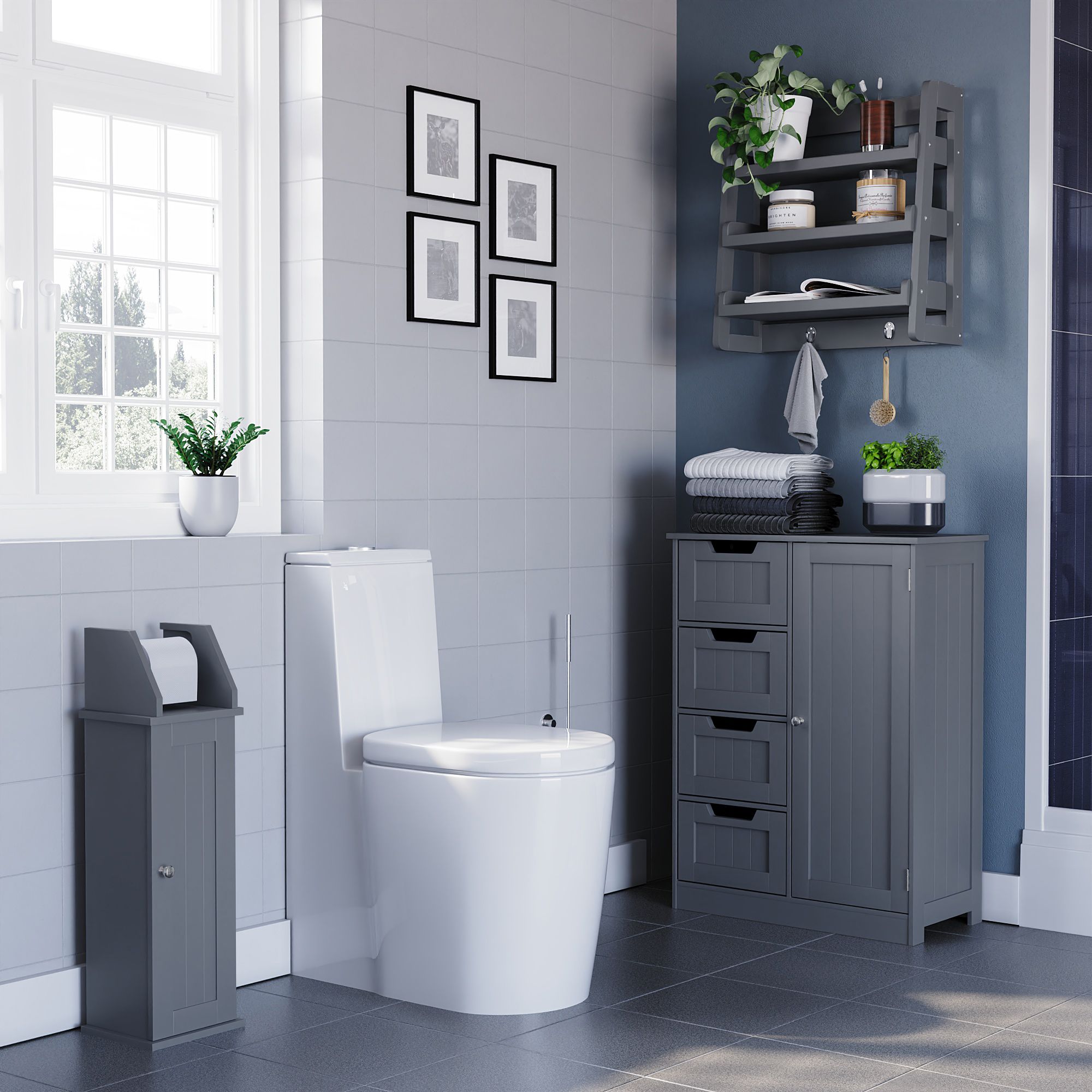 Hayle Matt Grey Wood Rectangular Wall-mounted Bathroom Shelf (D)20cm (H)53cm (L)20cm