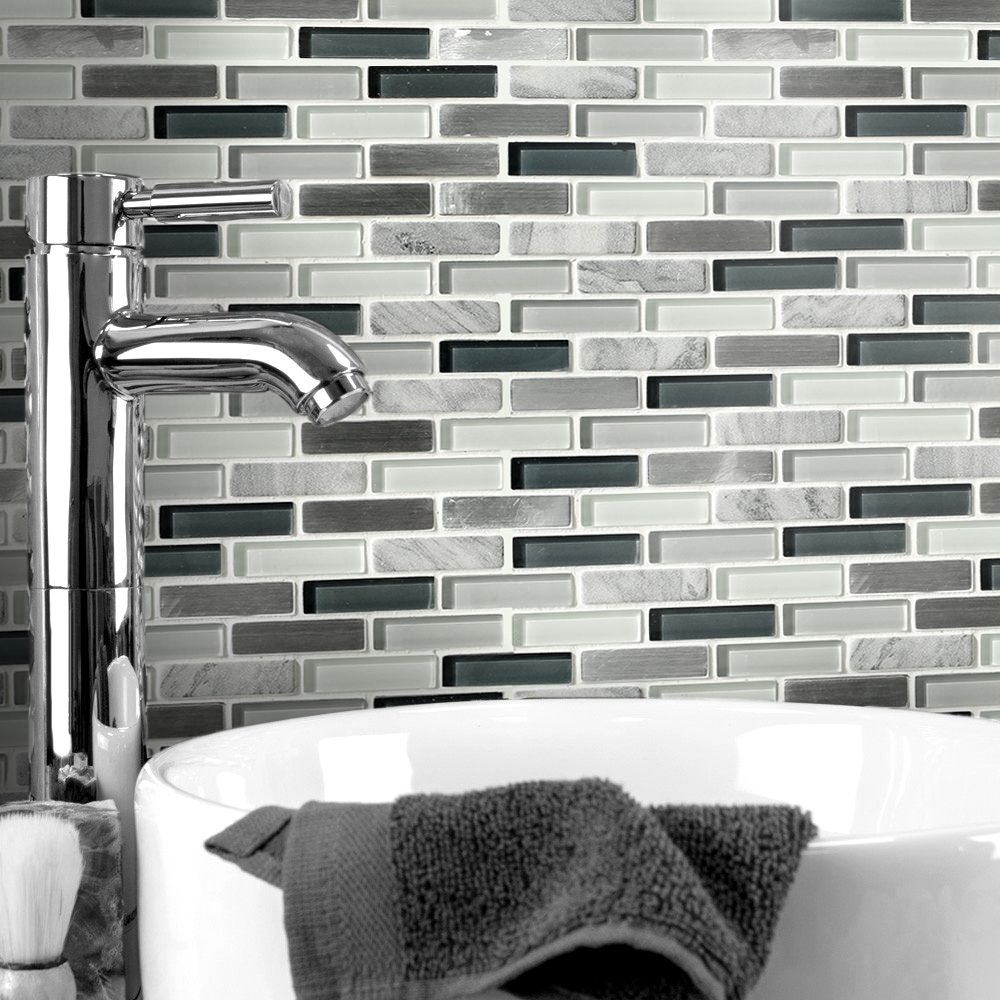 Helsinki Blue & grey Glass & stone Mosaic tile, (L)306mm (W)324mm