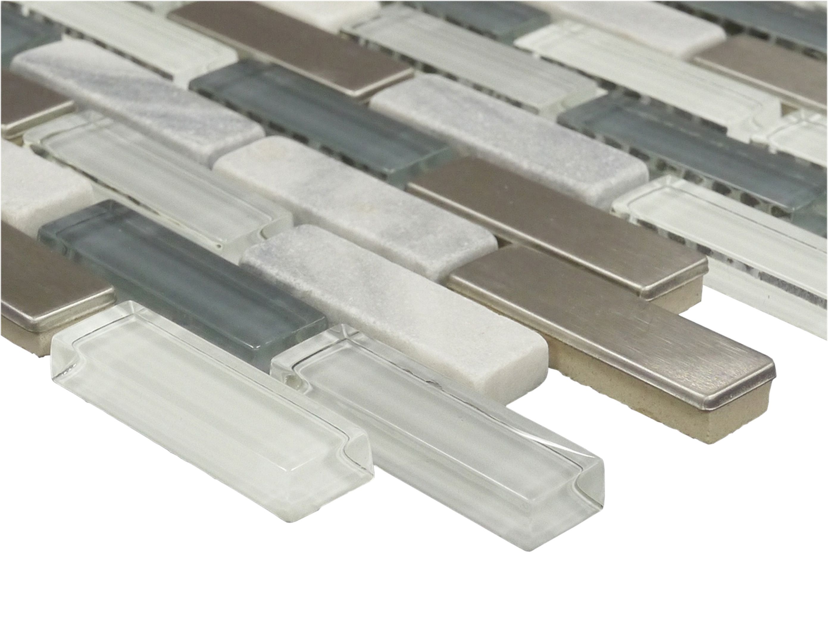 Helsinki Blue & grey Glass & stone Mosaic tile, (L)306mm (W)324mm