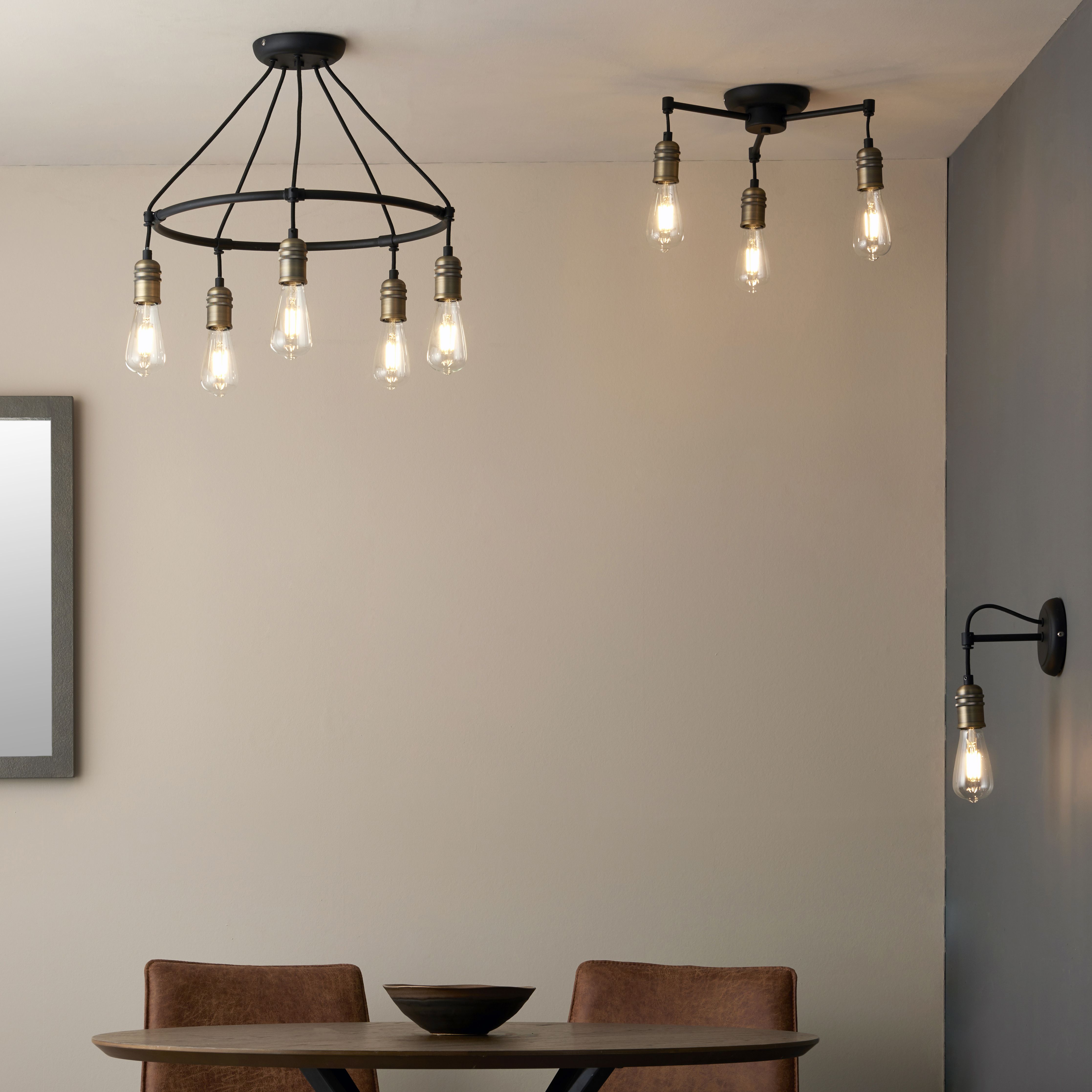 Hixley Matt Black Antique brass effect 3 Lamp Ceiling light