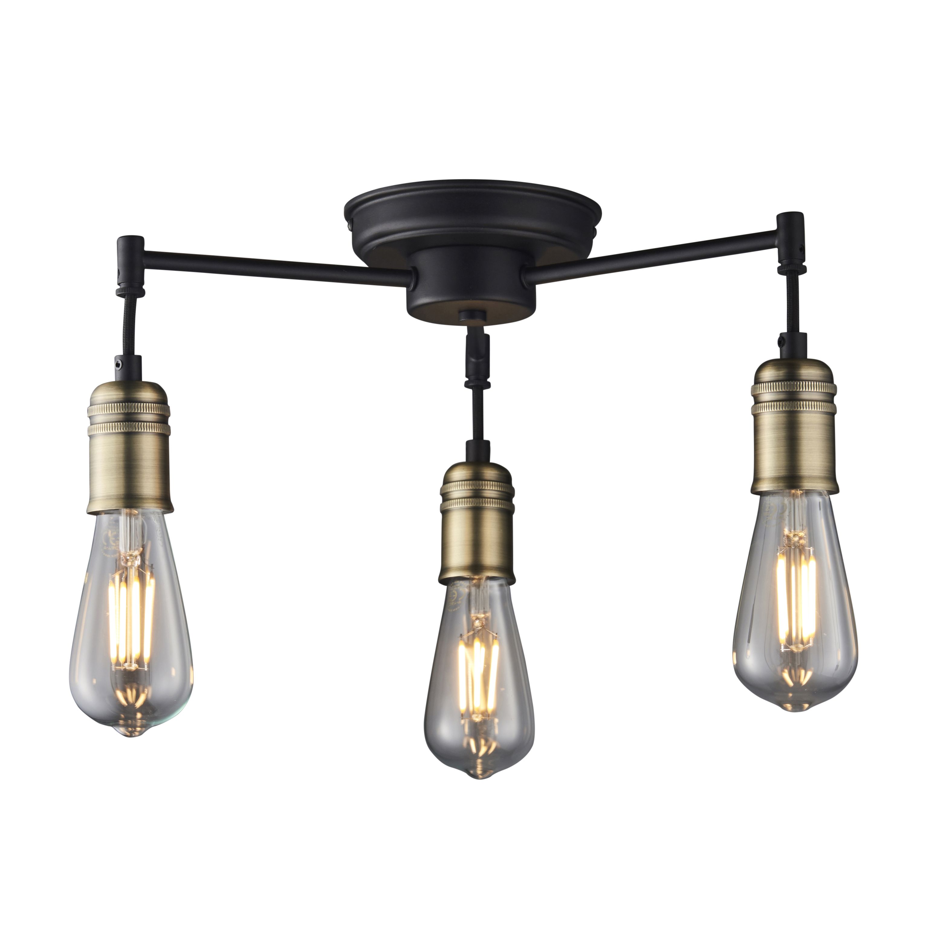 Hixley Matt Black Antique brass effect 3 Lamp Ceiling light
