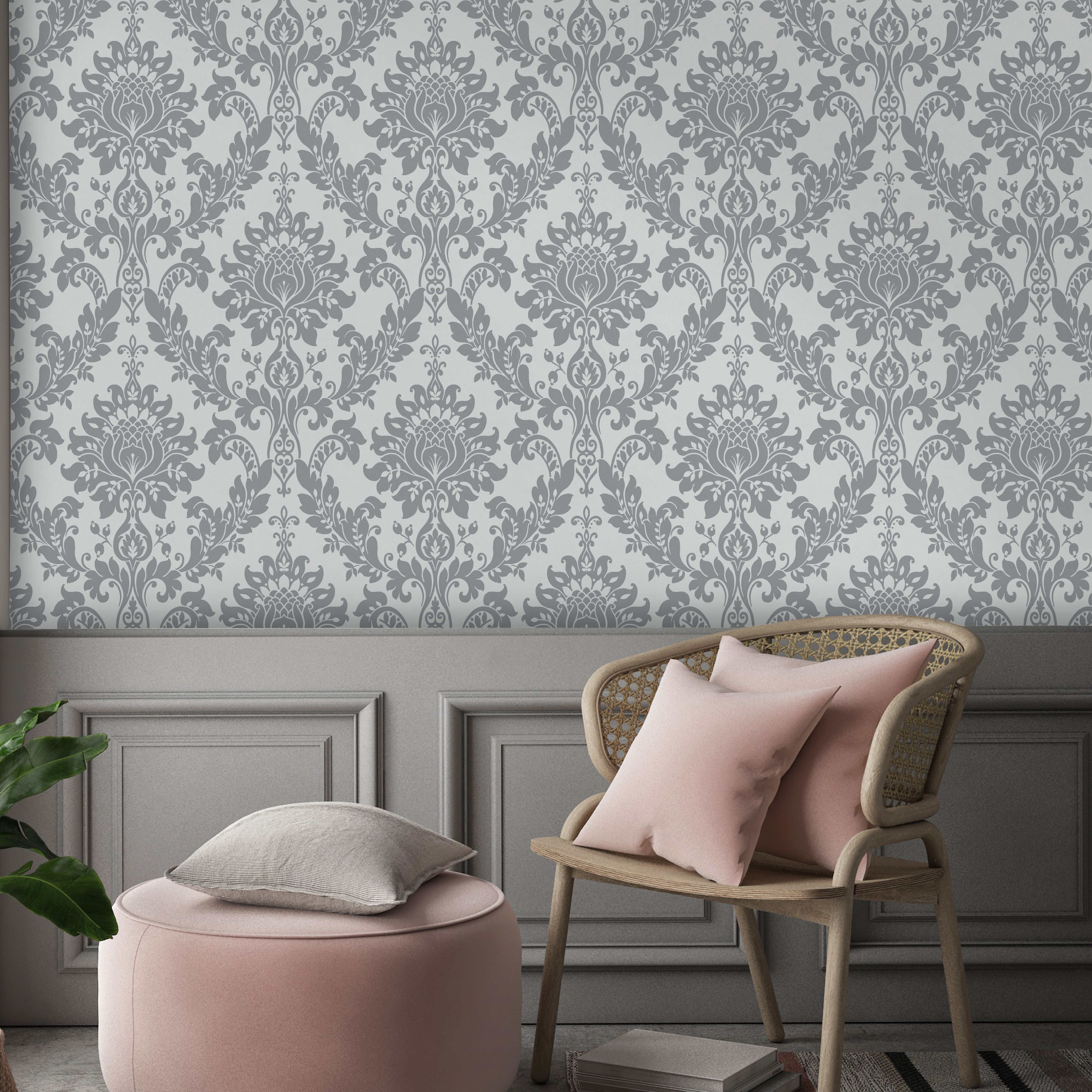 Holden Décor Clara Charcoal Glitter effect Damask Smooth Wallpaper Sample
