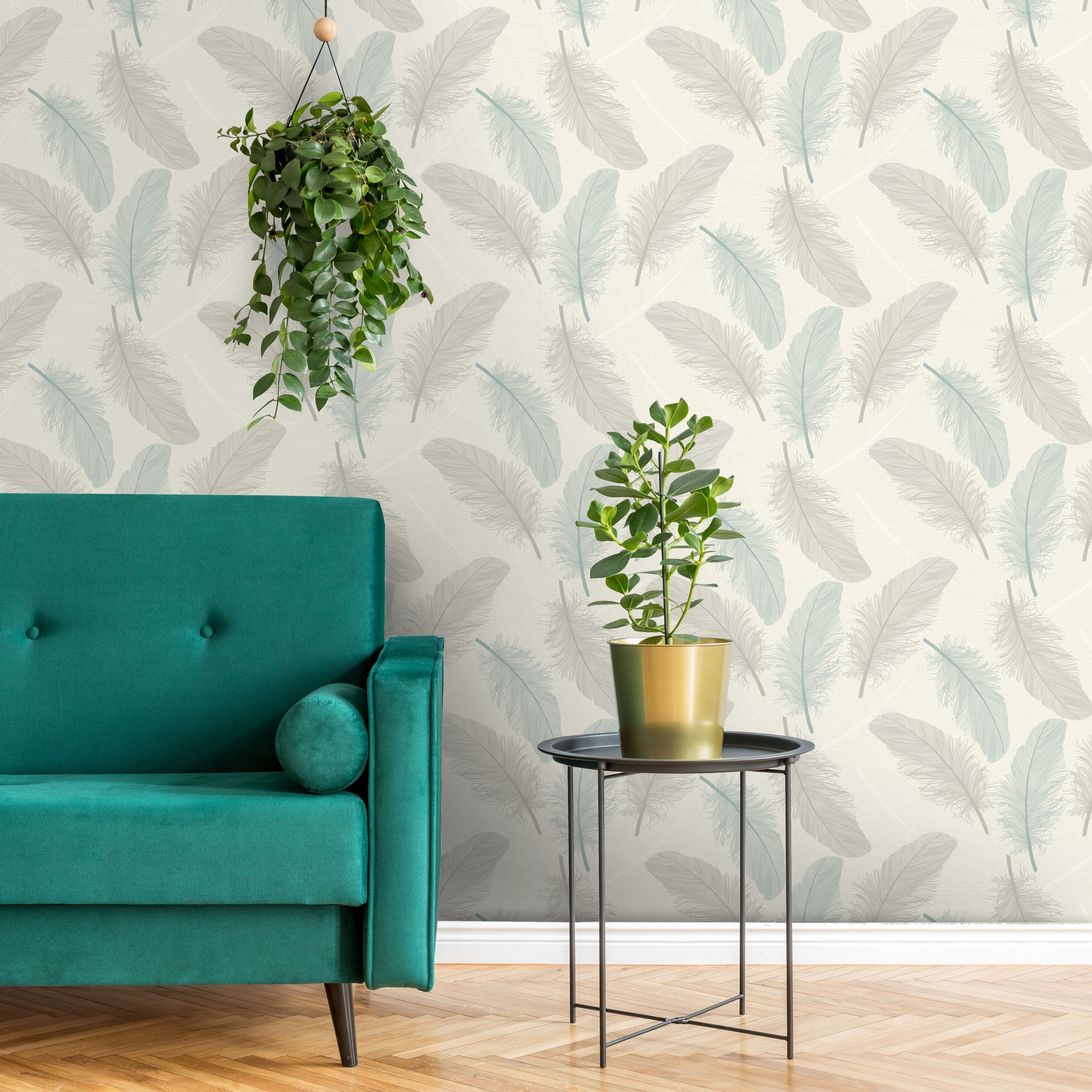 Holden Décor K2 Cream & teal Feather Textured Wallpaper Sample