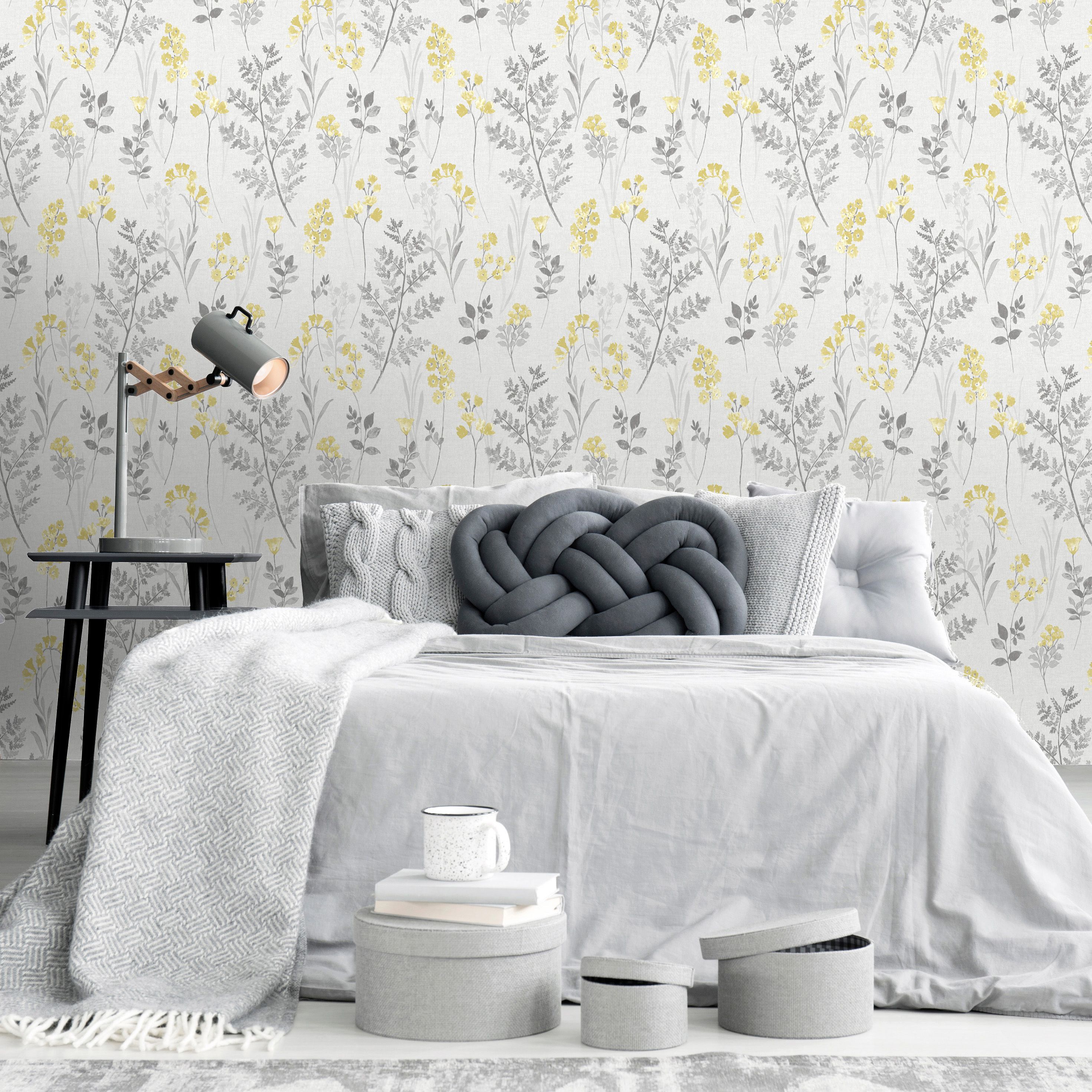 Holden Décor Statement Farley Grey & yellow Floral Smooth Wallpaper Sample
