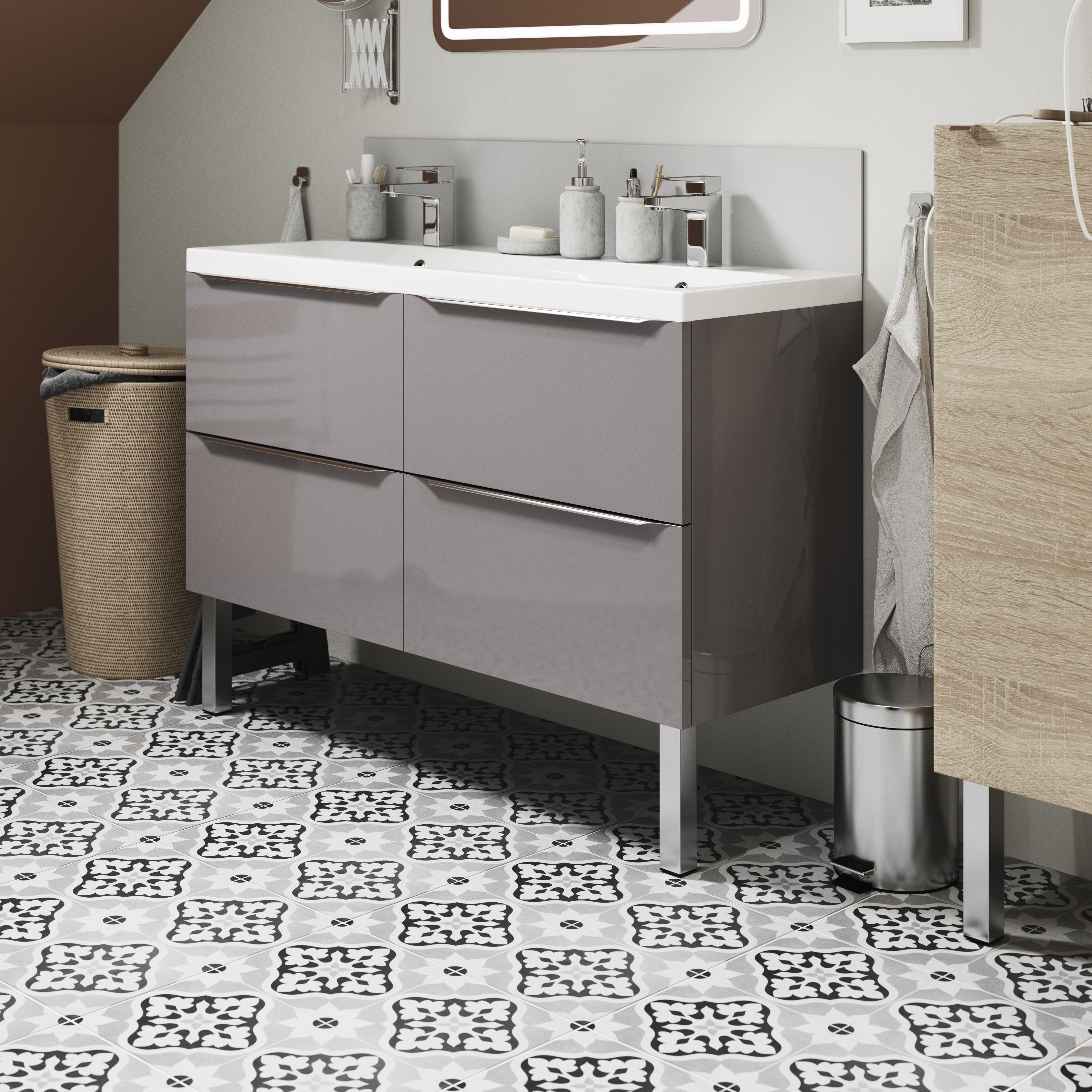 House of Mosaics Dagenham Grey & white Matt Patterned Porcelain Wall & floor Tile Sample