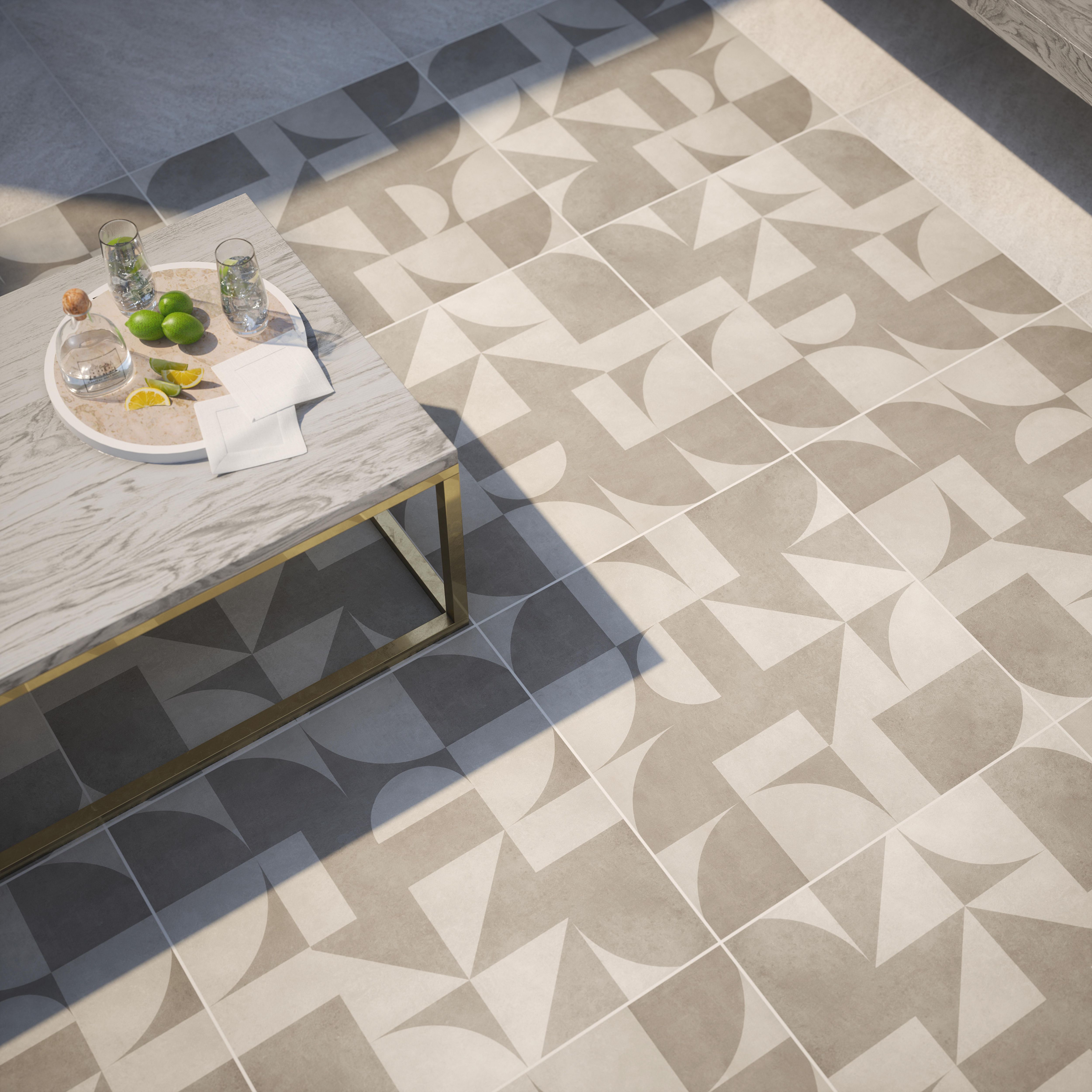 House of Mosaics Radius Grey Matt Geometric Stone effect Porcelain Outdoor Floor Tile, Pack of 2, (L)600mm (W)600mm