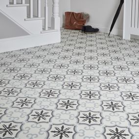 Hydrolic Black & white Matt Flower Porcelain Indoor Wall & floor Tile, Pack of 25, (L)200mm (W)200mm