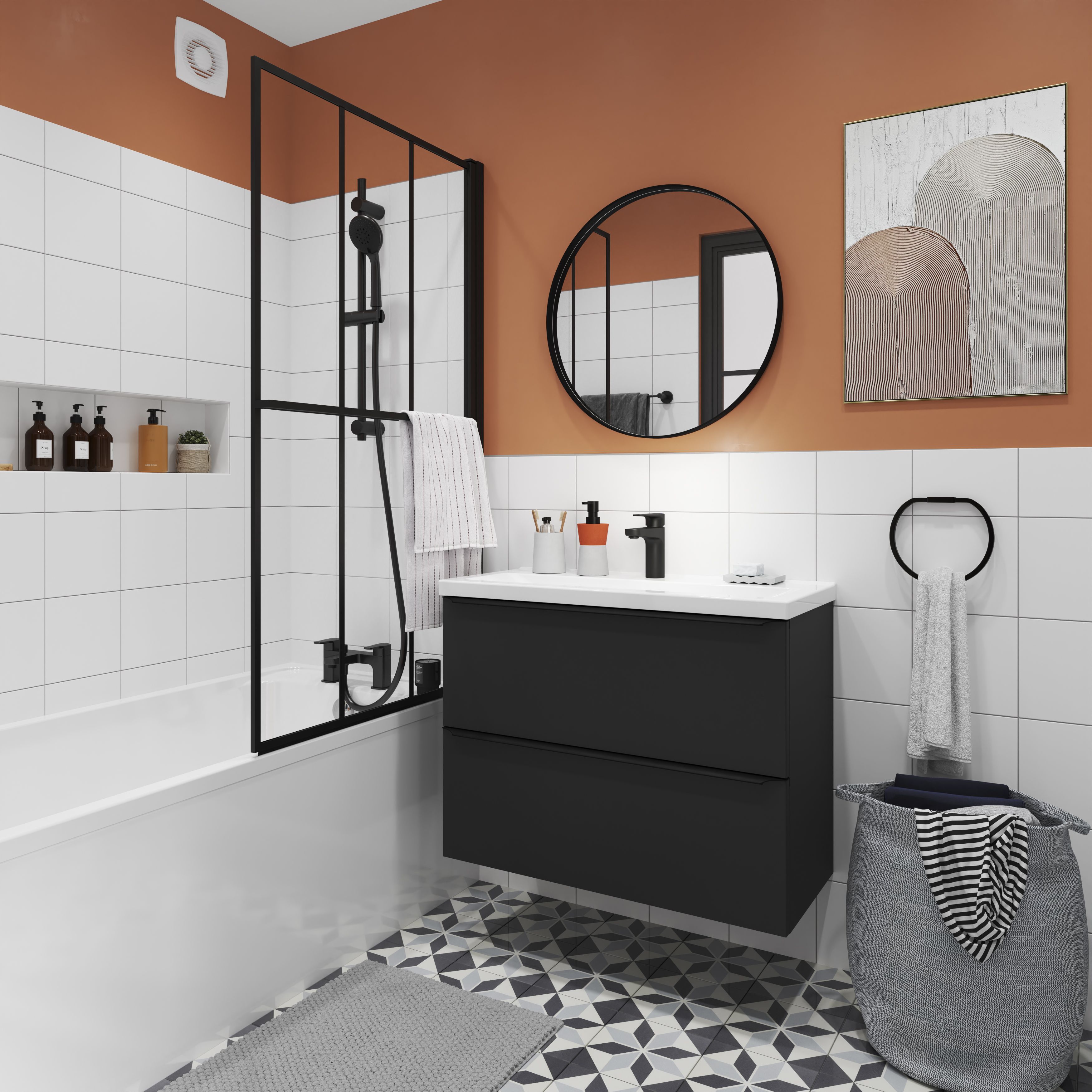 Hydrolic Black & white Matt Star Porcelain Wall & floor Tile, Pack of 25, (L)200mm (W)200mm