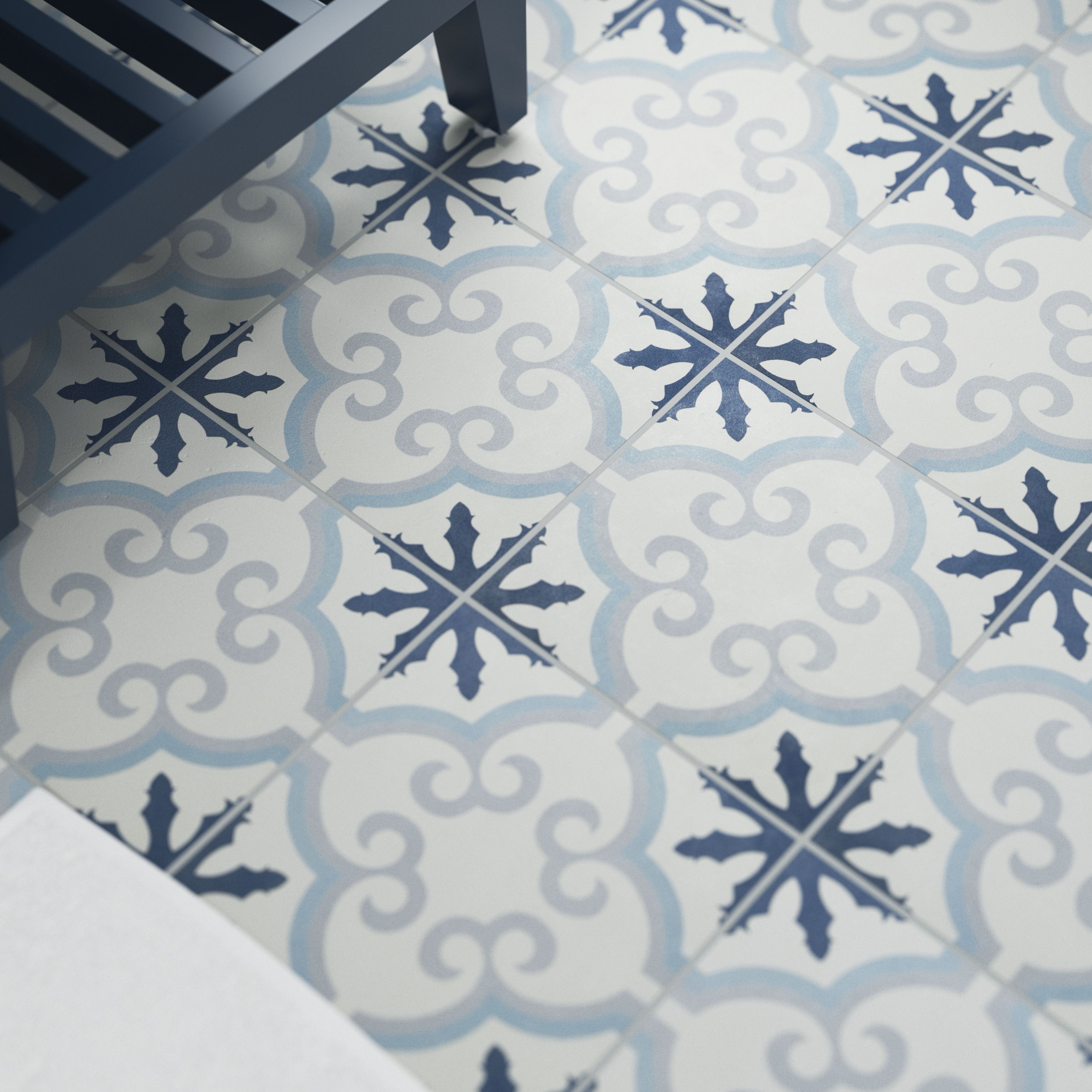 Hydrolic Blue Matt Flower Concrete effect Porcelain Wall & floor Tile, Pack of 25, (L)200mm (W)200mm