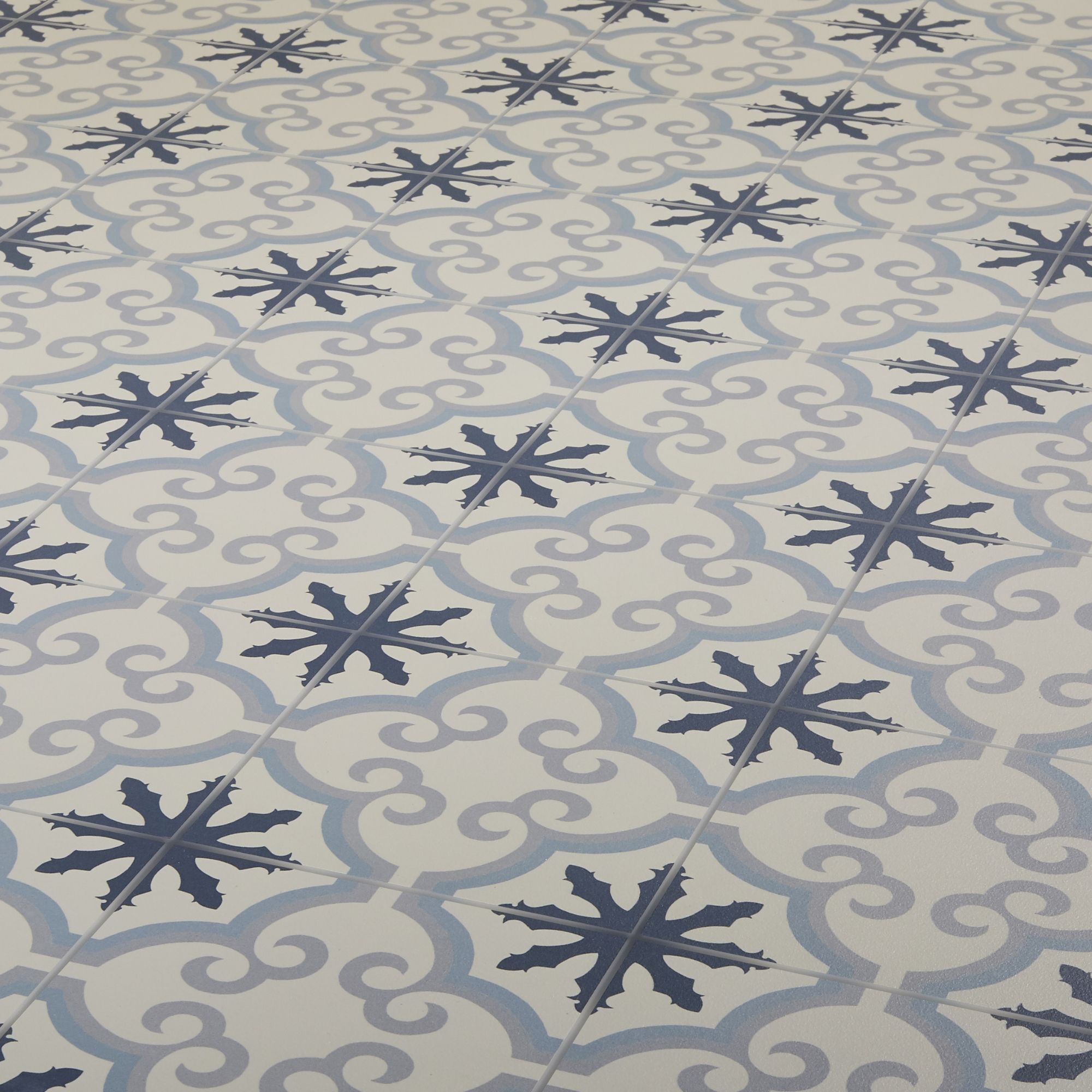 Hydrolic Blue Matt Flower Concrete effect Porcelain Wall & floor Tile, Pack of 25, (L)200mm (W)200mm