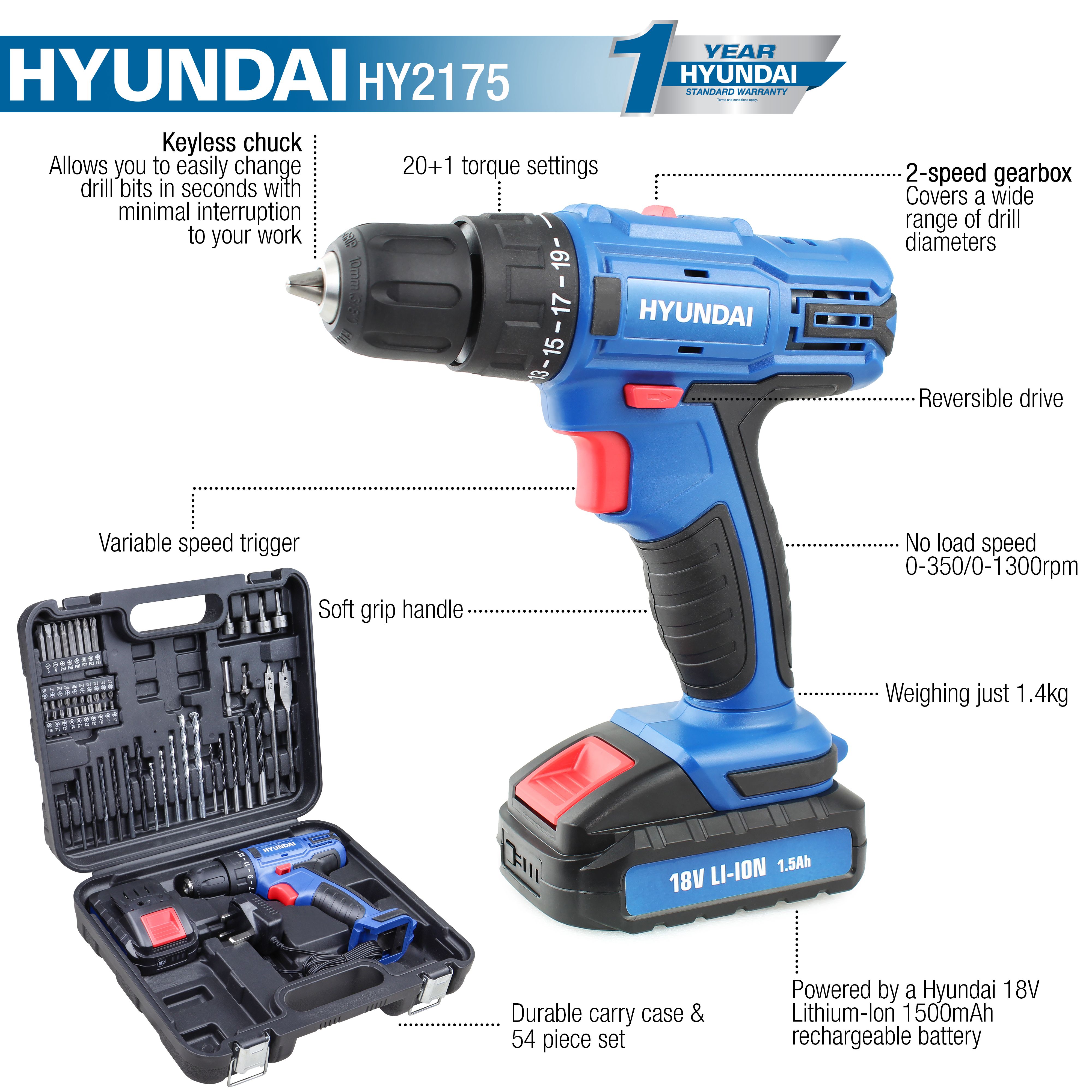 Hyundai 18V 1 x 1.5 Li-ion Cordless Drill driver HY2175