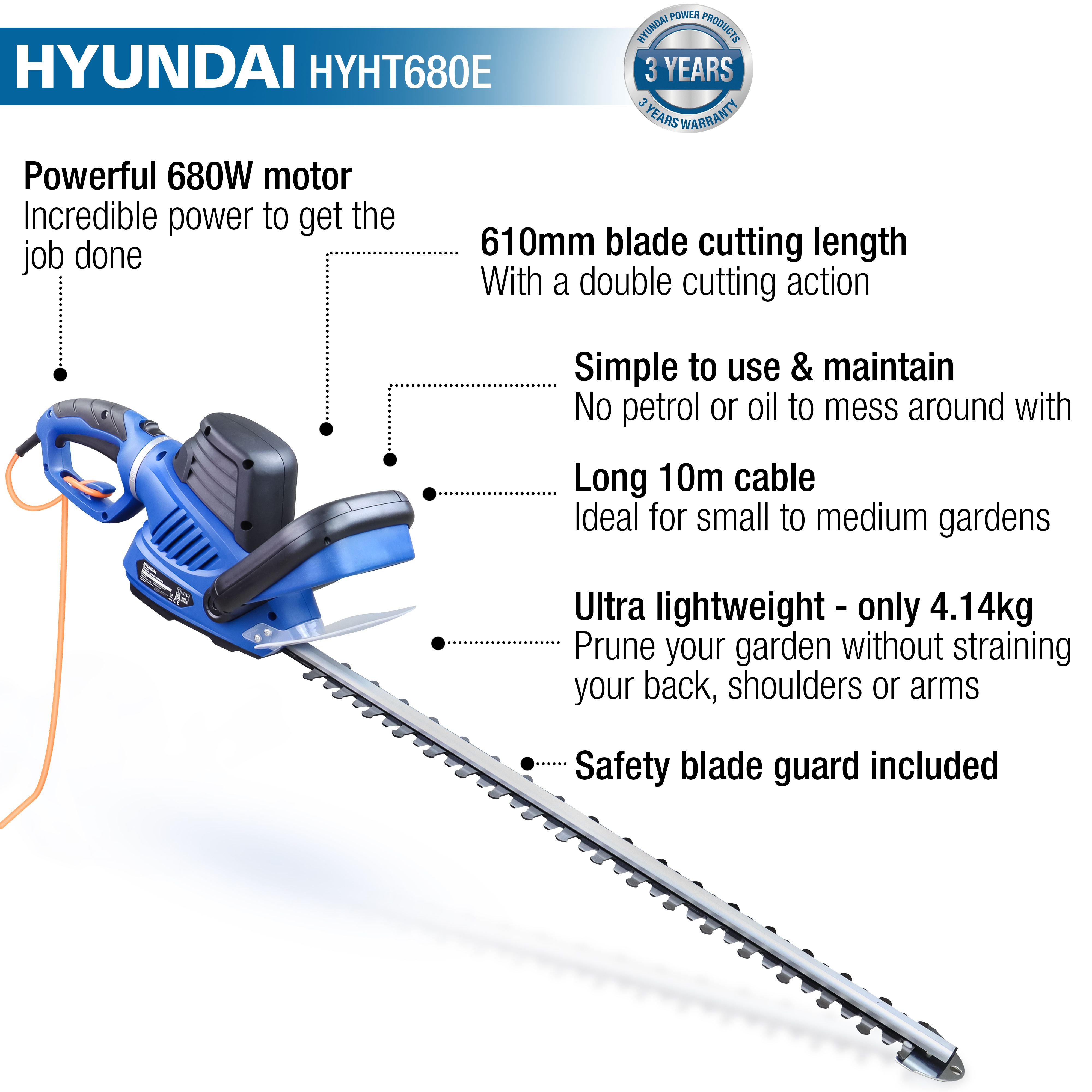 Hyundai Corded 680W Hedge trimmer - 610mm