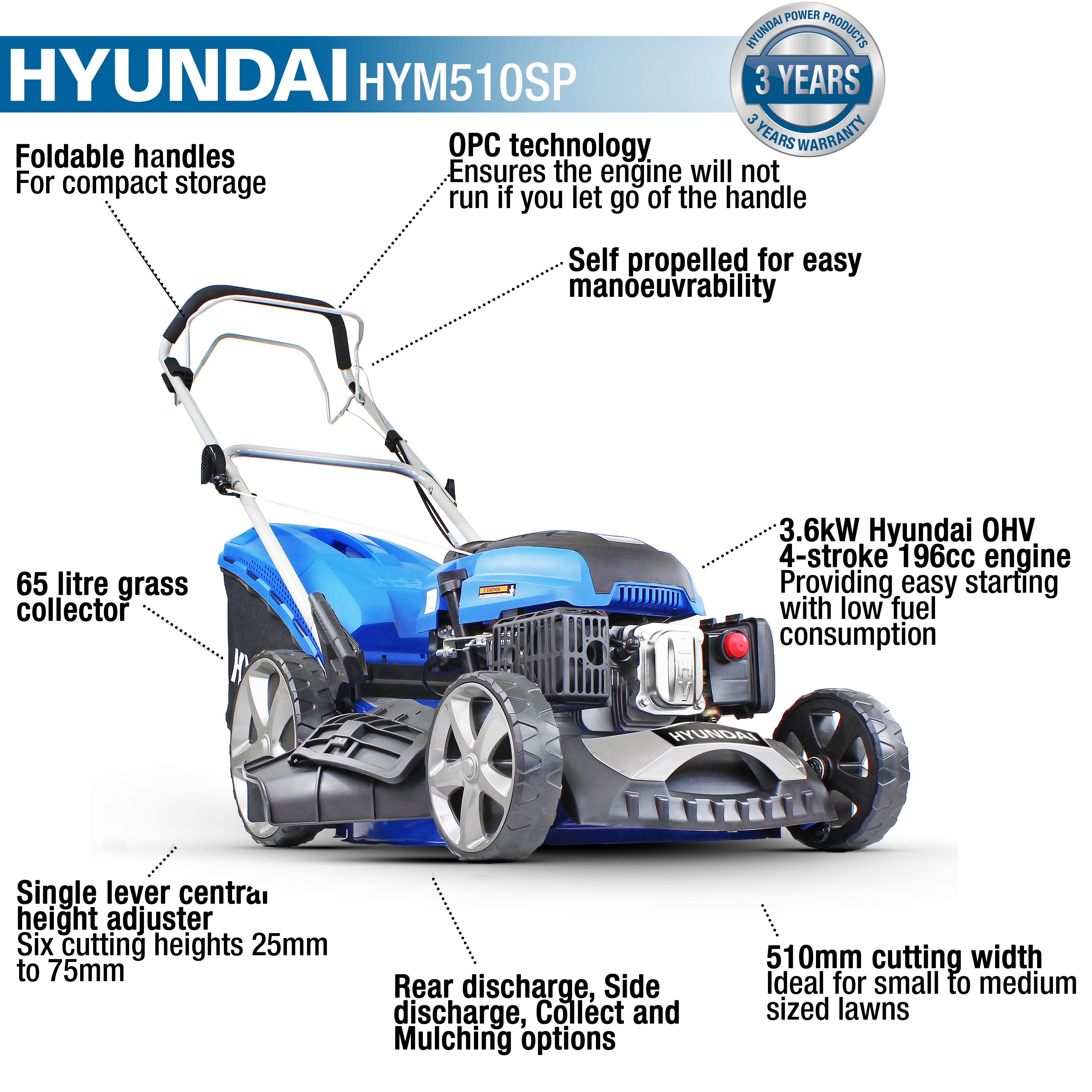 Hyundai HYM510SP 196cc Petrol Rotary 50.8cm Lawnmower