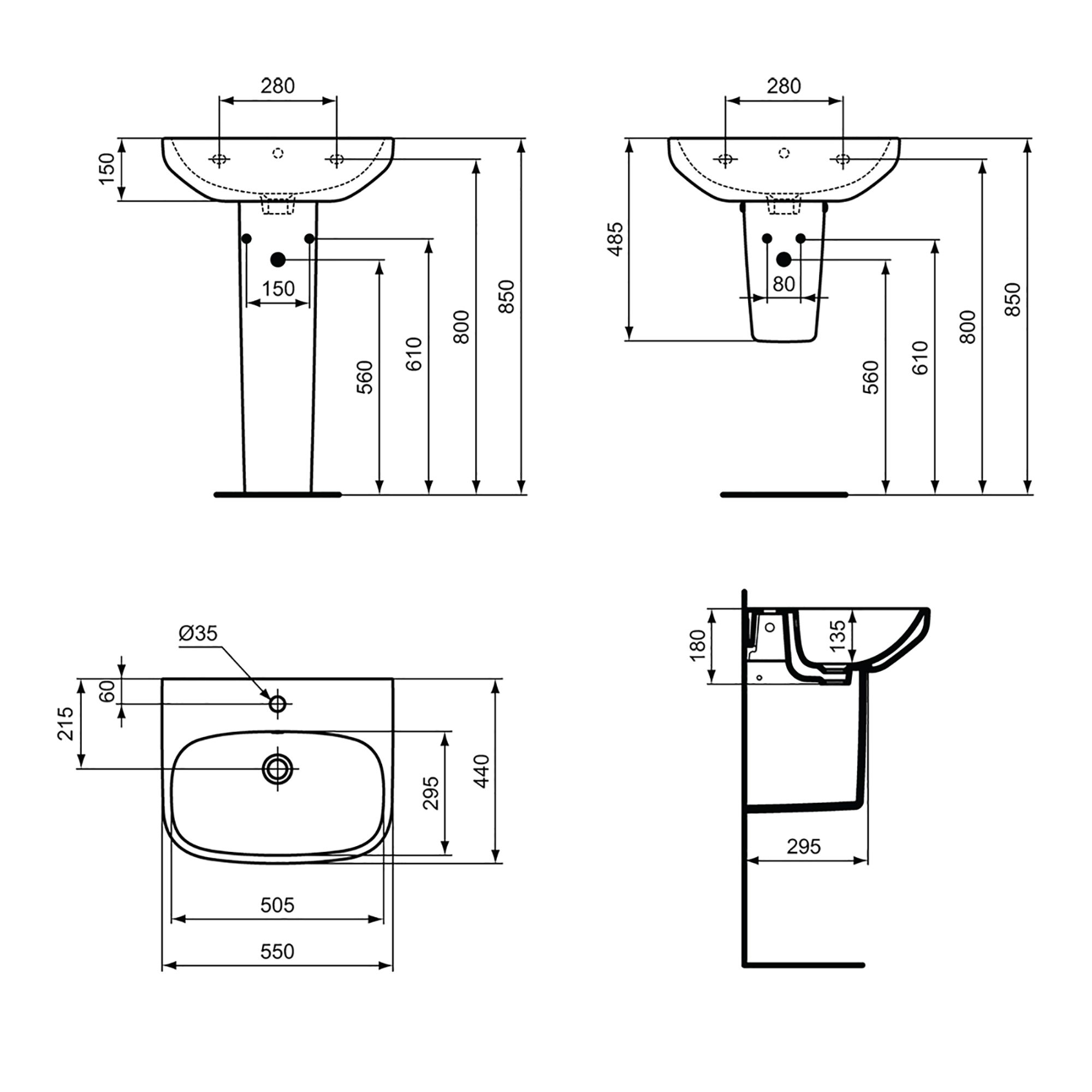 Ideal Standard i.life A Gloss White Rectangular Wall-mounted Semi-pedestal Basin (H)48.5cm (W)55cm