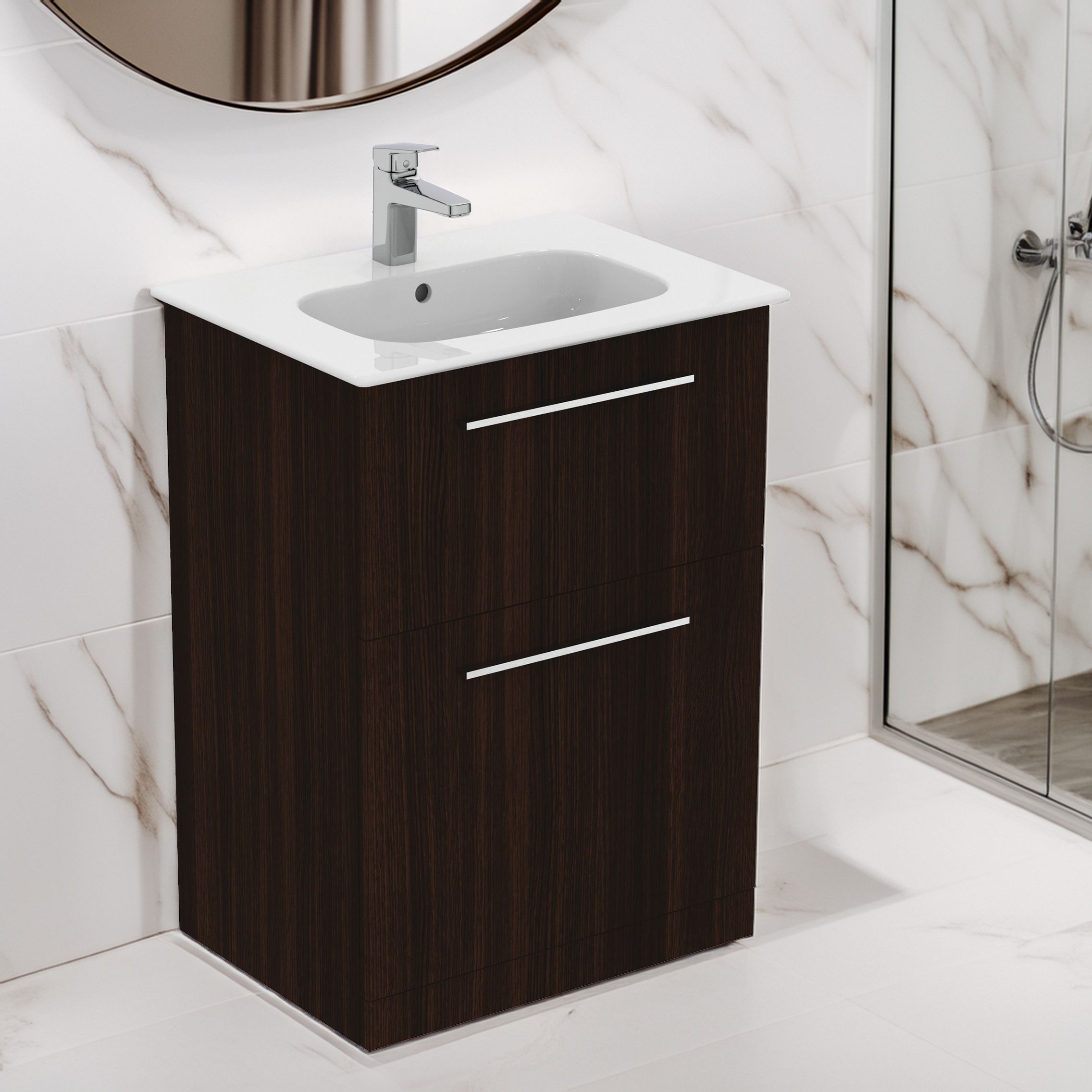 Ideal Standard i.Life A Matt Coffee brown Oak effect Freestanding Vanity unit & basin set - Includes Aluminium Handle (W)600mm (H)853mm