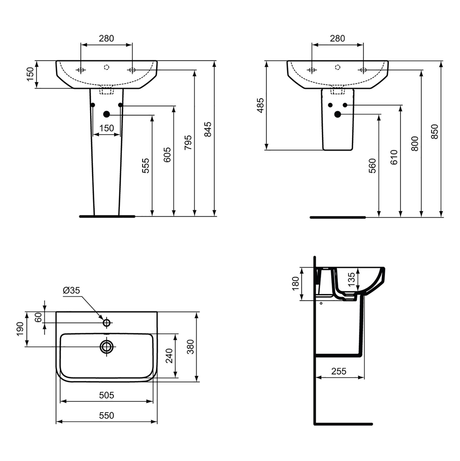 Ideal Standard i.life S Gloss White Rectangular Floor-mounted Full pedestal Basin (H)84.5cm (W)55cm