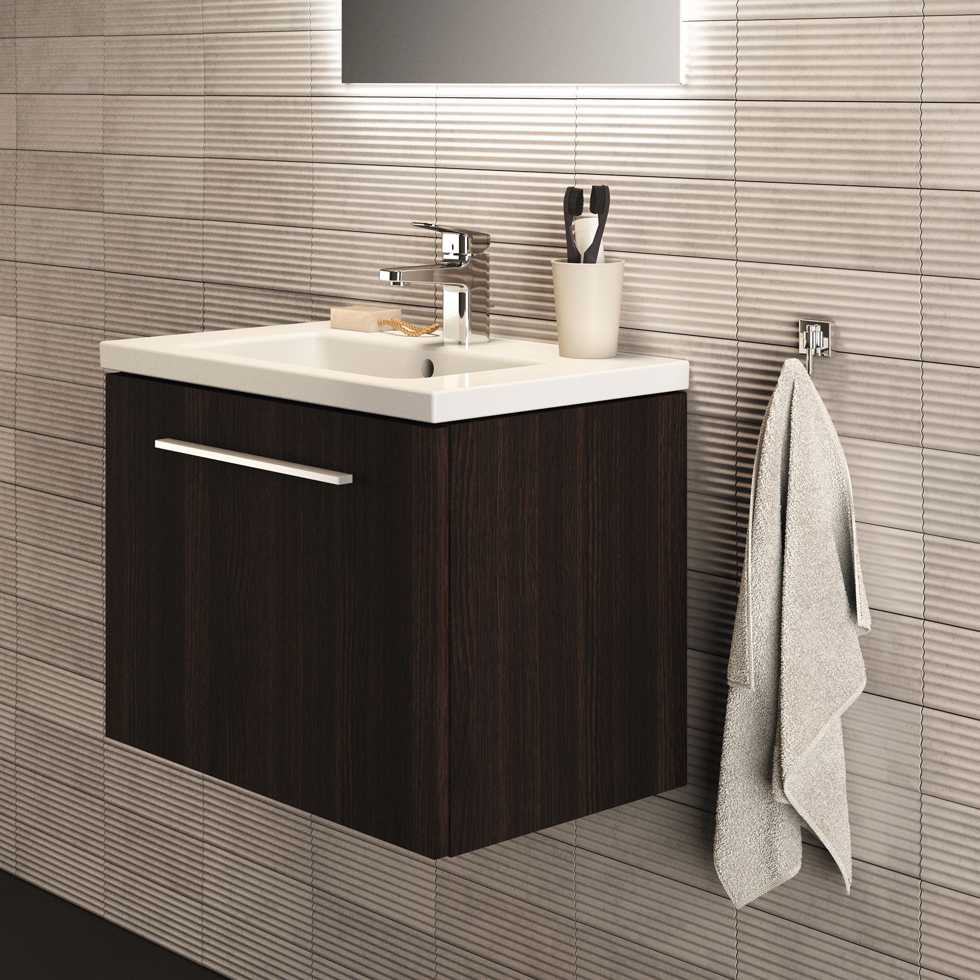 Ideal Standard i.Life S Matt Coffee brown Oak effect Wall-mounted Vanity unit & basin set - Includes Aluminium Handle (W)600mm (H)440mm