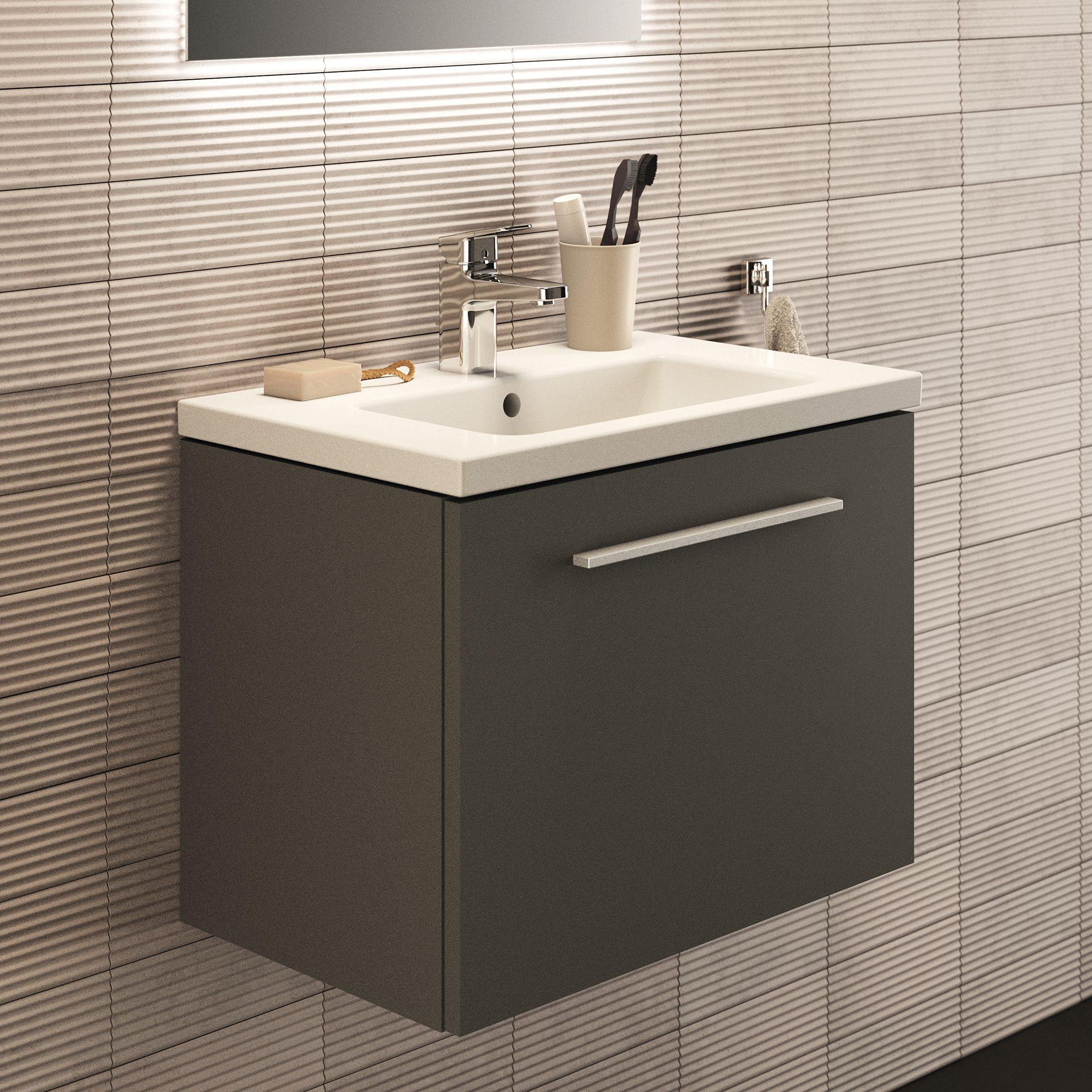 Ideal Standard i.Life S Matt Quartz grey Wall-mounted Vanity unit & basin set - Includes Aluminium Handle (W)600mm (H)440mm