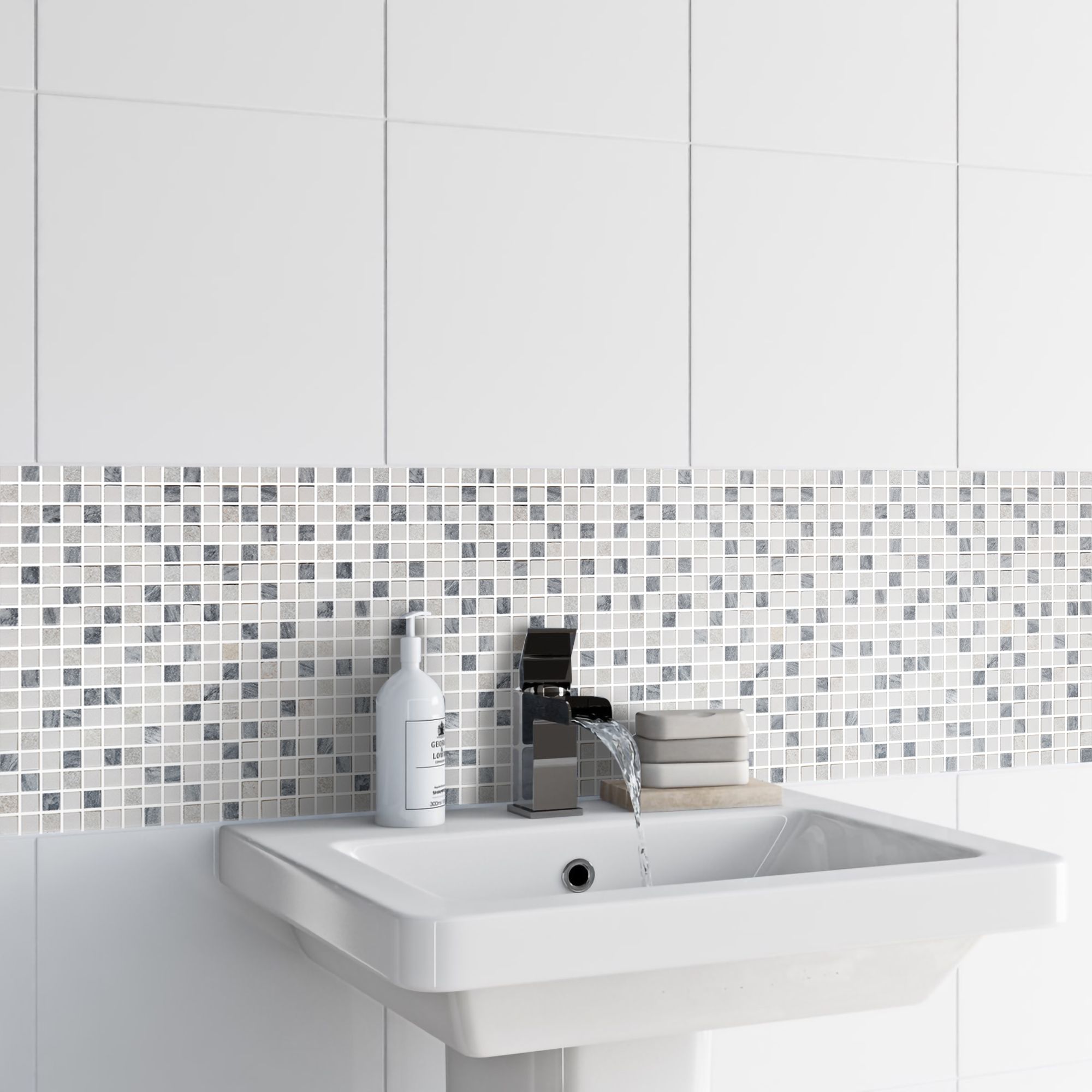 Ikarai Light grey Marble effect Natural stone Mosaic tile sheet, (L)300mm (W)300mm
