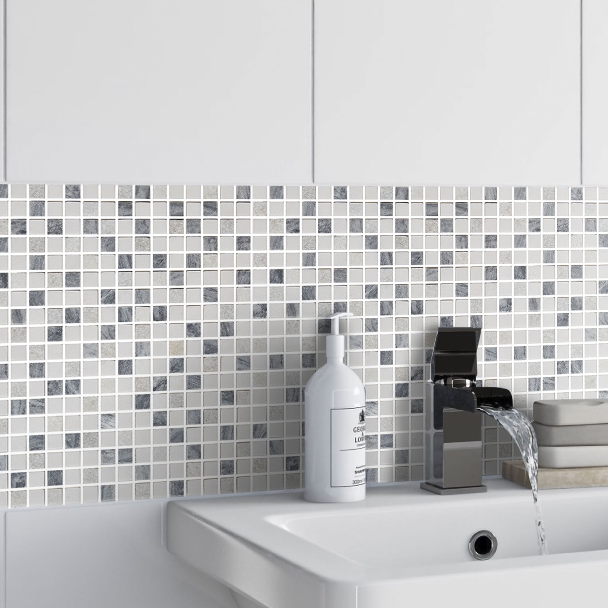 Ikarai Light grey Marble effect Natural stone Mosaic tile sheet, (L)300mm (W)300mm