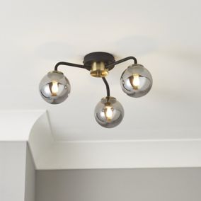 Inlight Agile Glass & steel Black Antique brass & smoked glass effect 3 Lamp LED Ceiling light