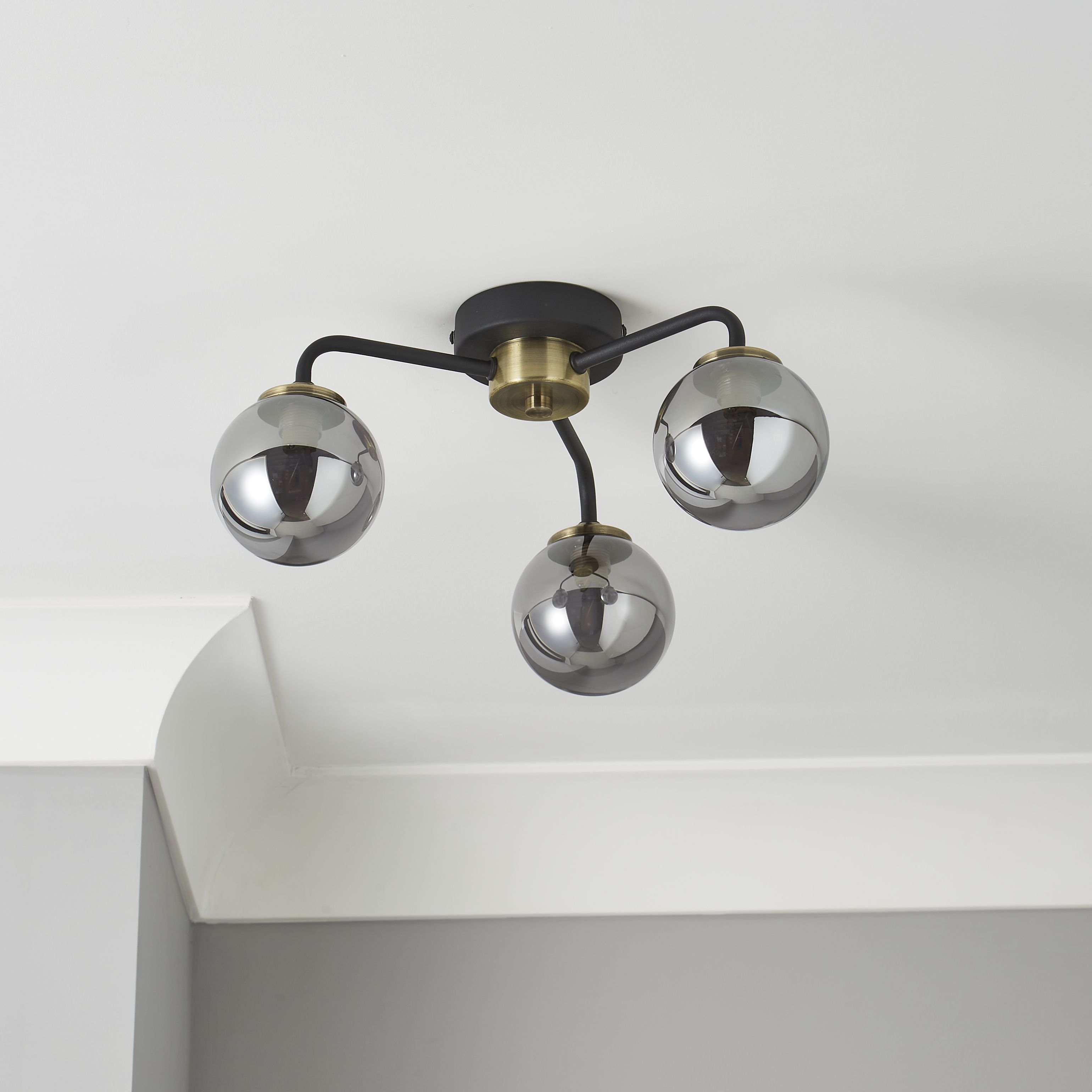 Inlight Agile Glass & steel Black Antique brass & smoked glass effect 3 Lamp LED Ceiling light