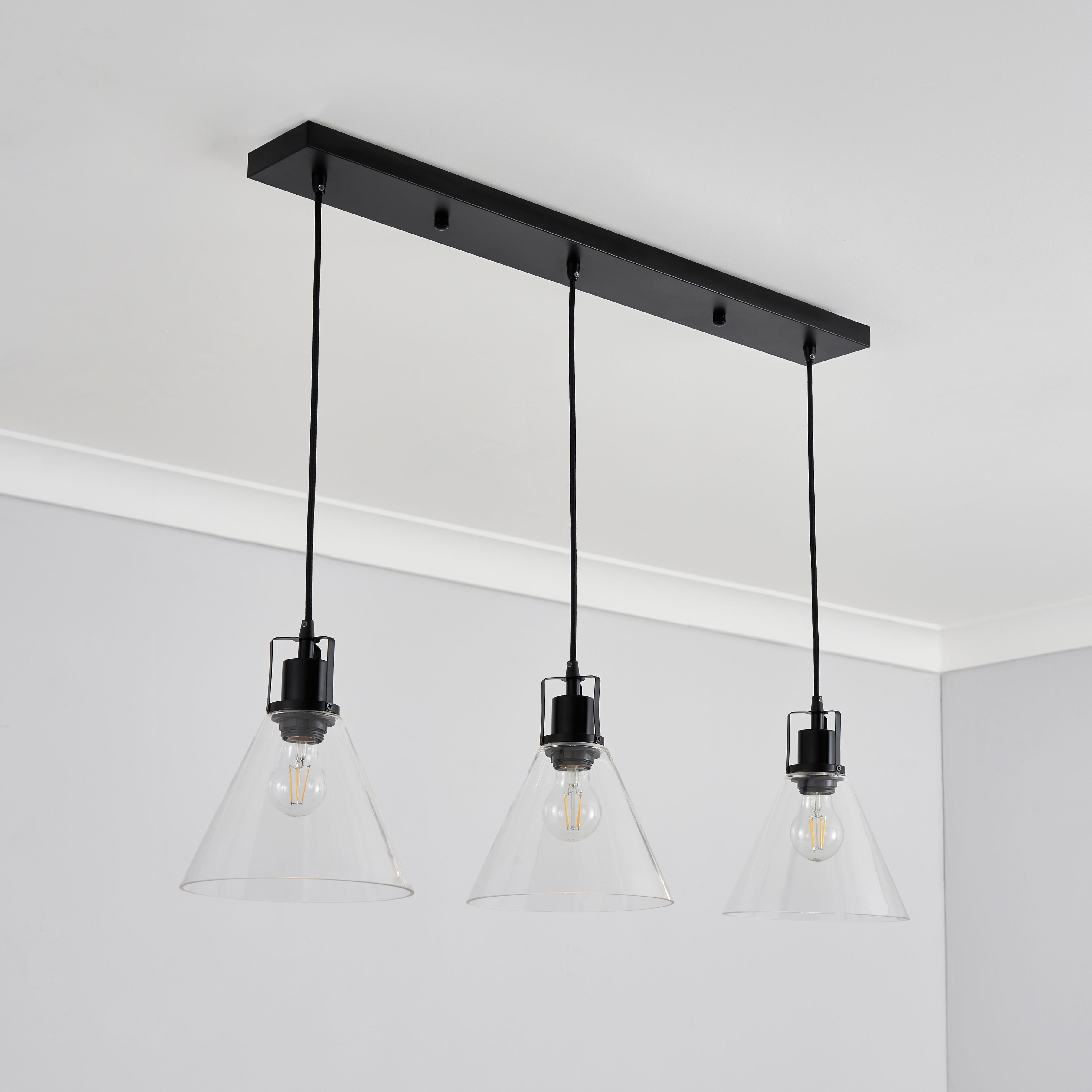 Inlight Dafyd Matt Glass & metal Matt Black/Clear 3 Lamp LED Ceiling light