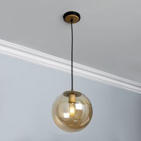 Inlight Mead Matt Black Wood effect Pendant ceiling light, (Dia)240mm