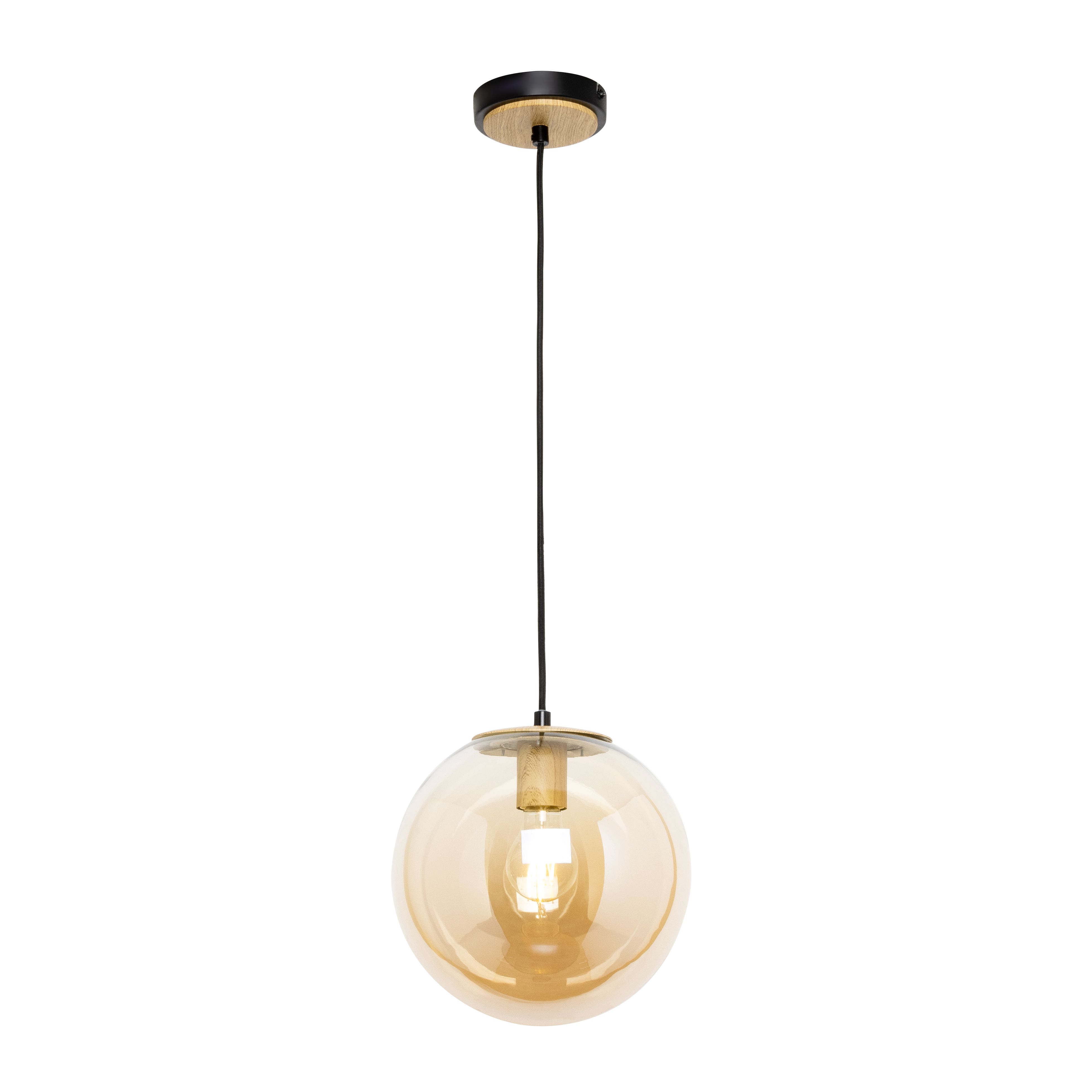 Inlight Mead Matt Black Wood effect Pendant ceiling light, (Dia)240mm