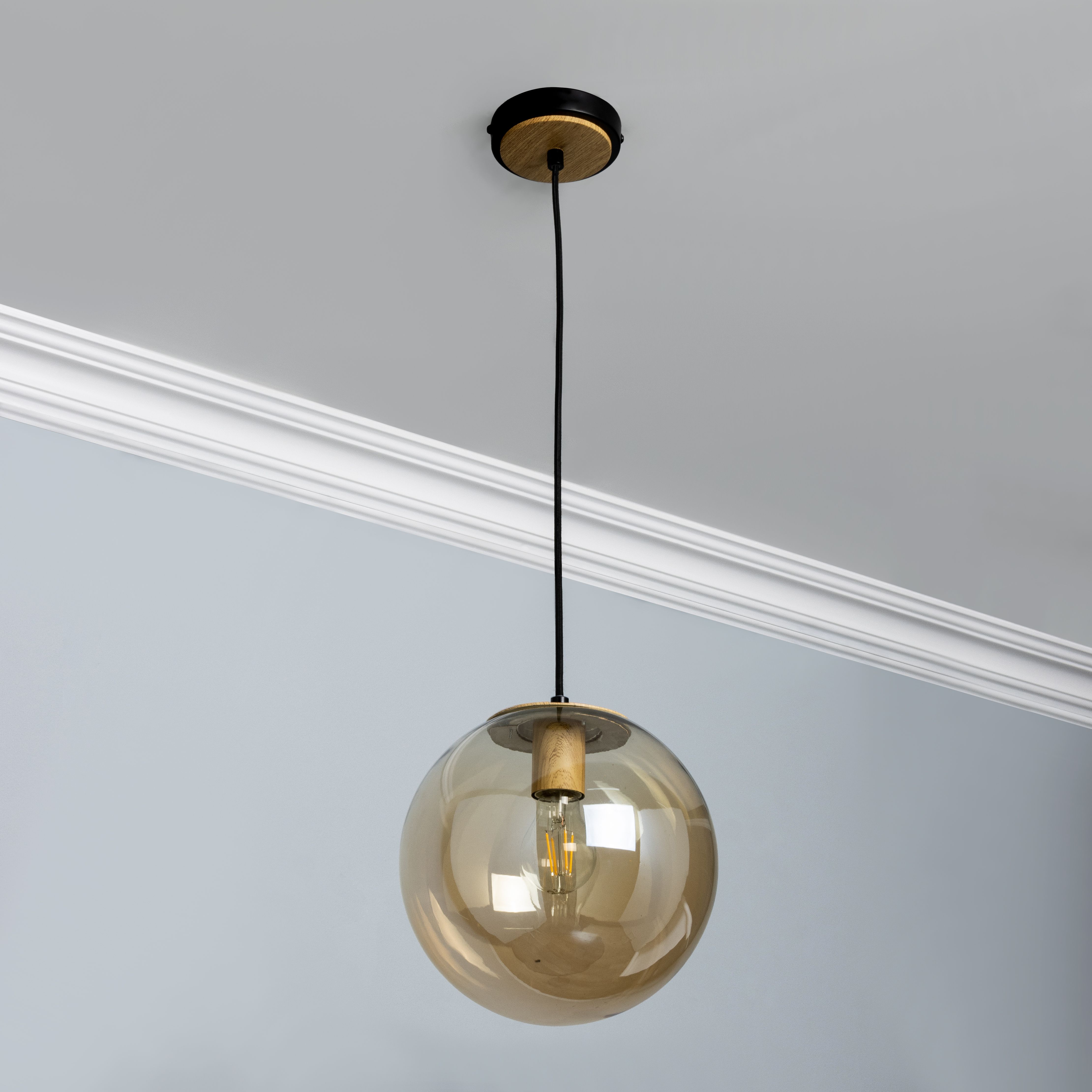 Inlight Mead Matt Black Wood effect Pendant ceiling light, (Dia)240mm