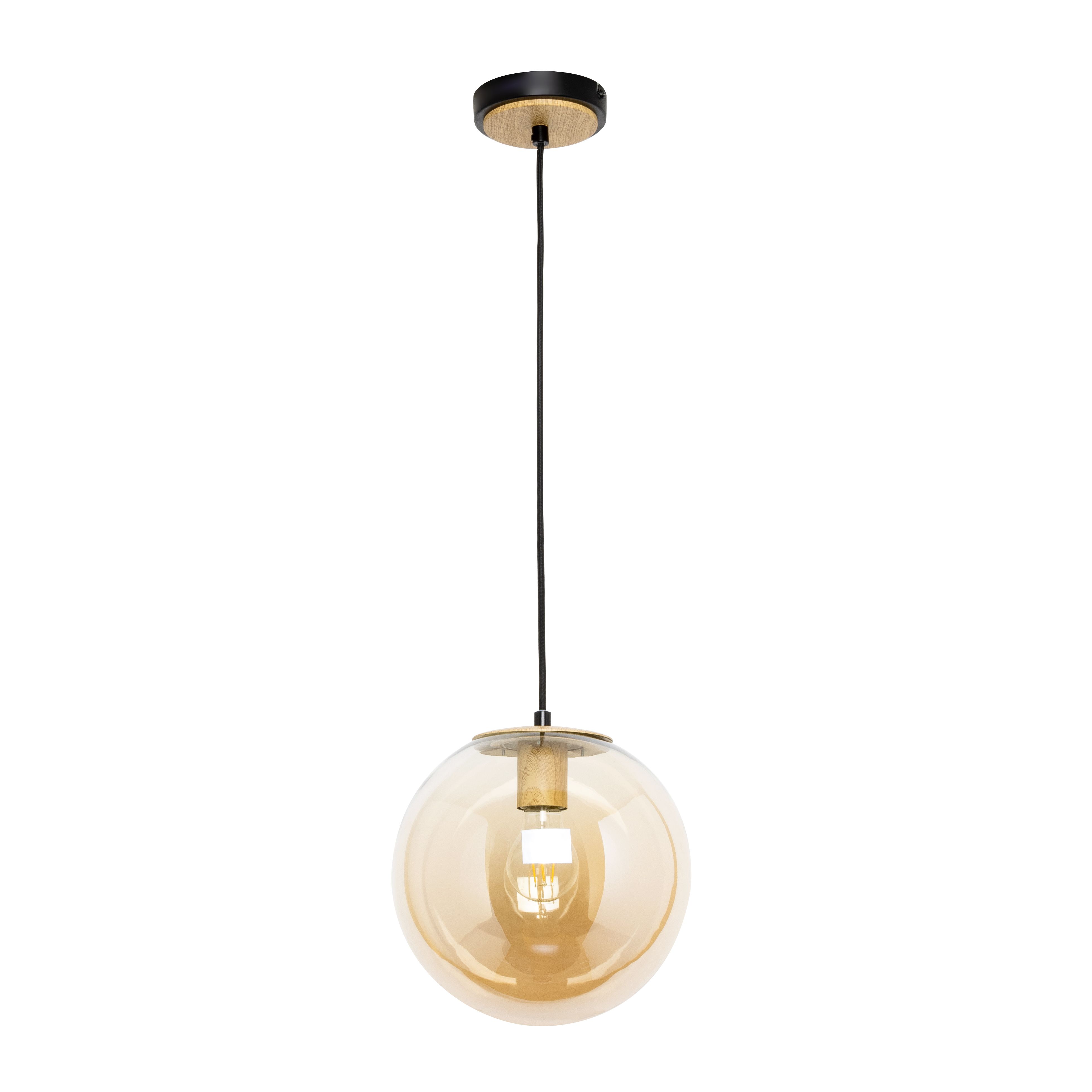 Inlight Mead Matt Black Wood effect Pendant ceiling light, (Dia)240mm