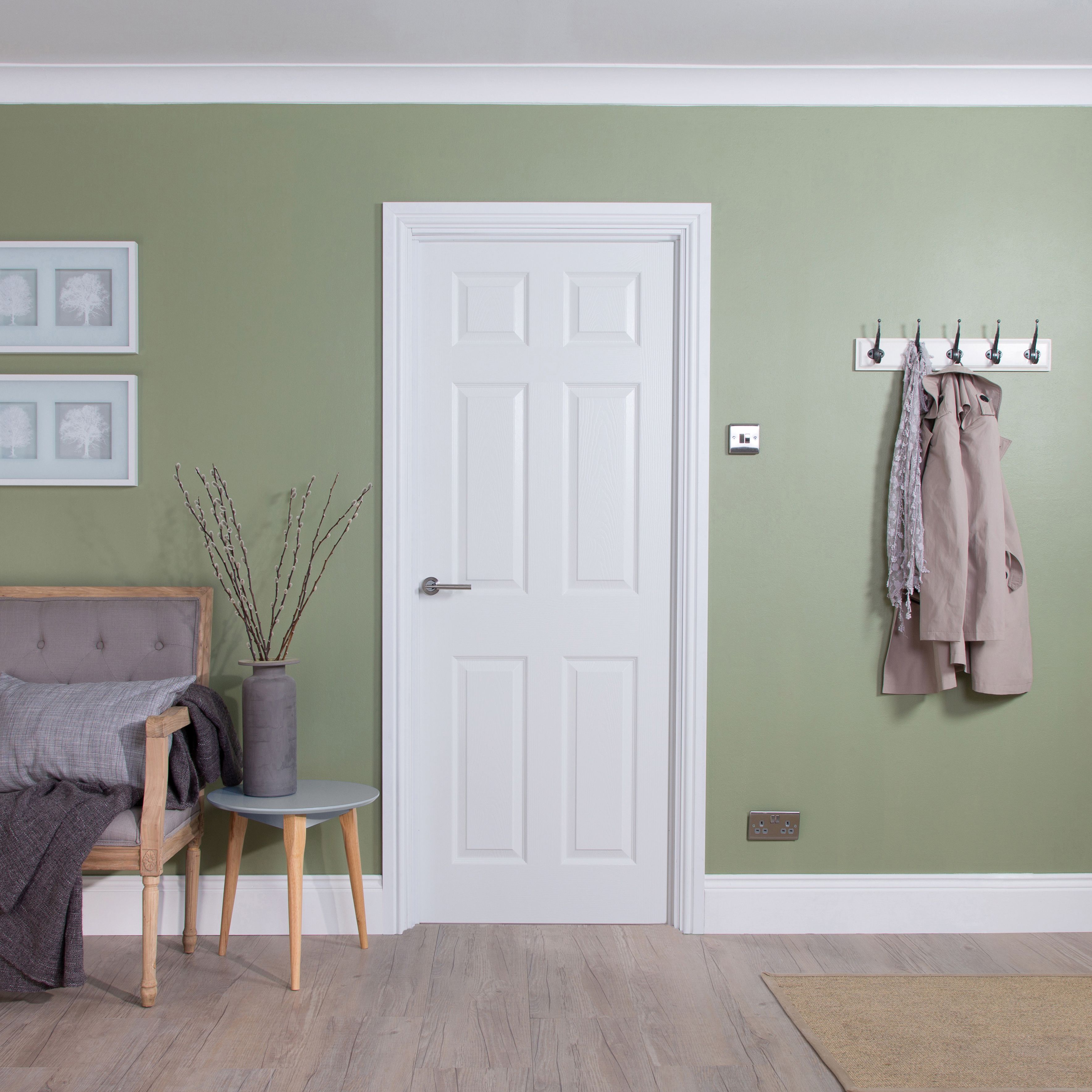 Jeld-Wen 6 panel Solid core Unglazed Contemporary White Woodgrain effect Internal Door, (H)1981mm (W)686mm (T)35mm