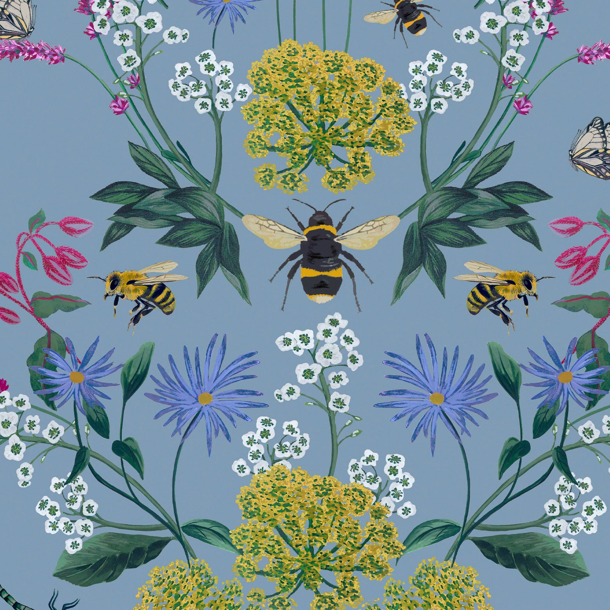 Joules Blue Floral bee Smooth Wallpaper Sample