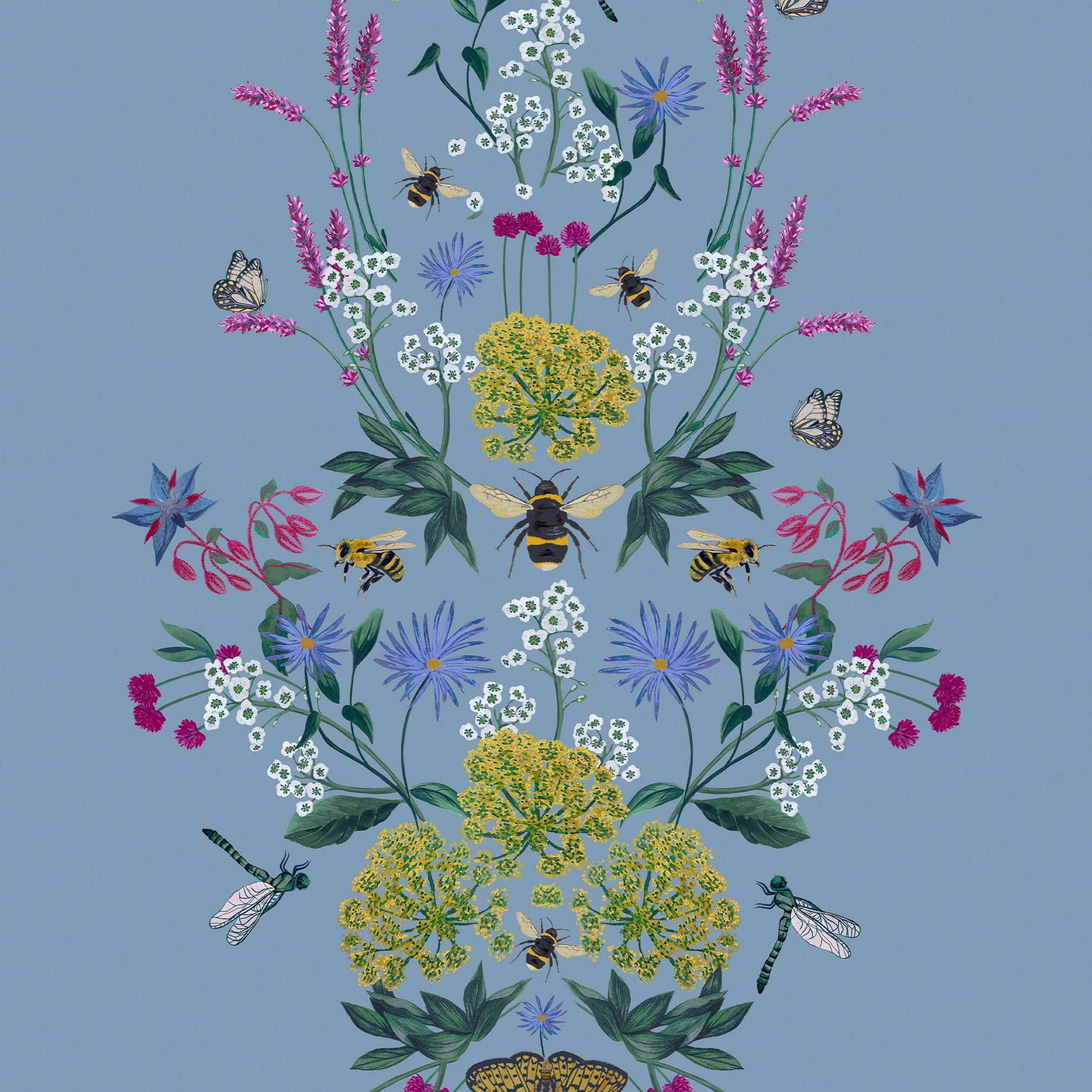 Joules Blue Floral bee Smooth Wallpaper Sample