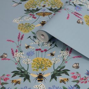 Joules Blue Floral bee Smooth Wallpaper