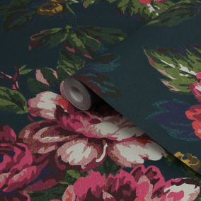 Joules Teal Floral Smooth Wallpaper Sample