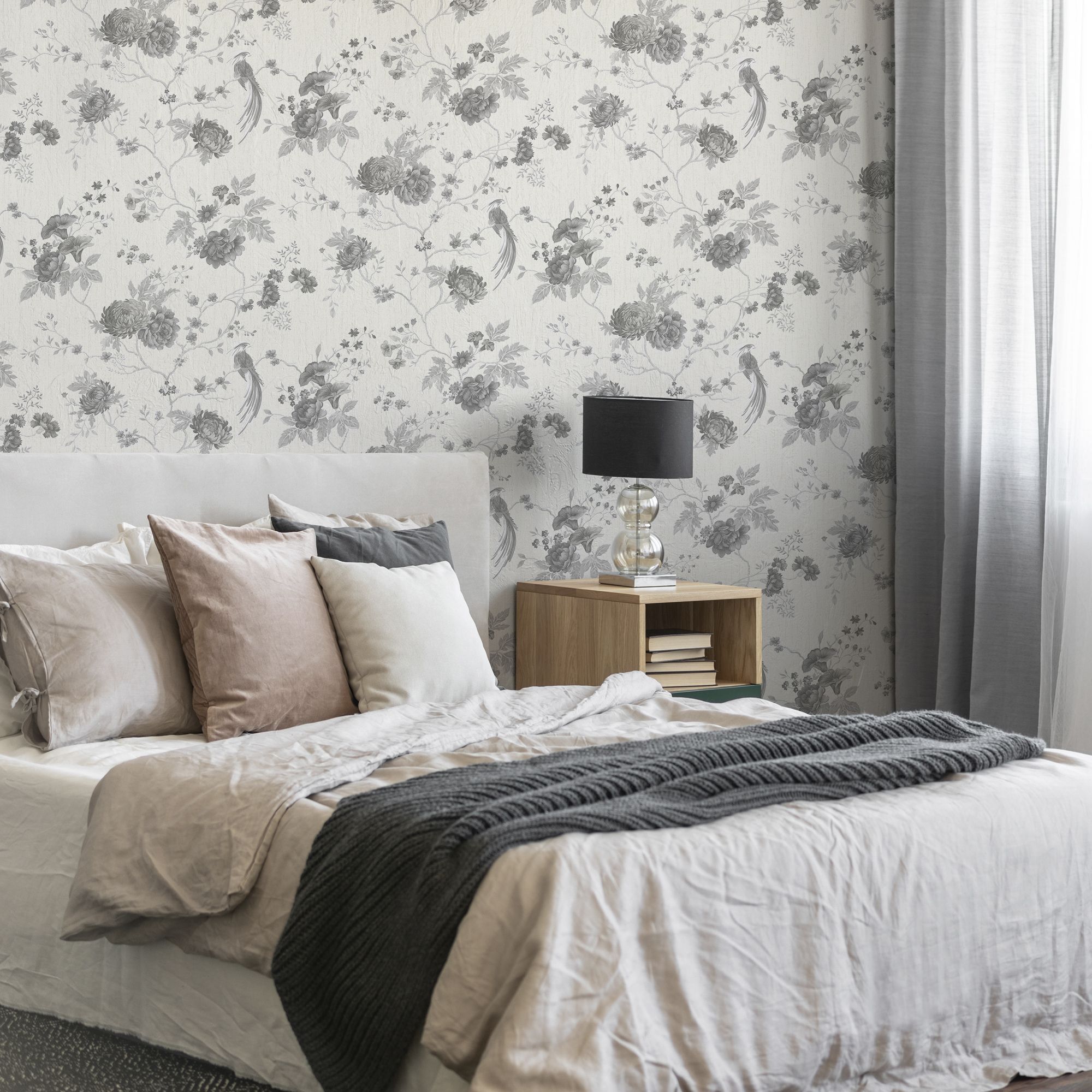 Julien MacDonald Exotica White Silver effect Floral & birds Textured Wallpaper Sample