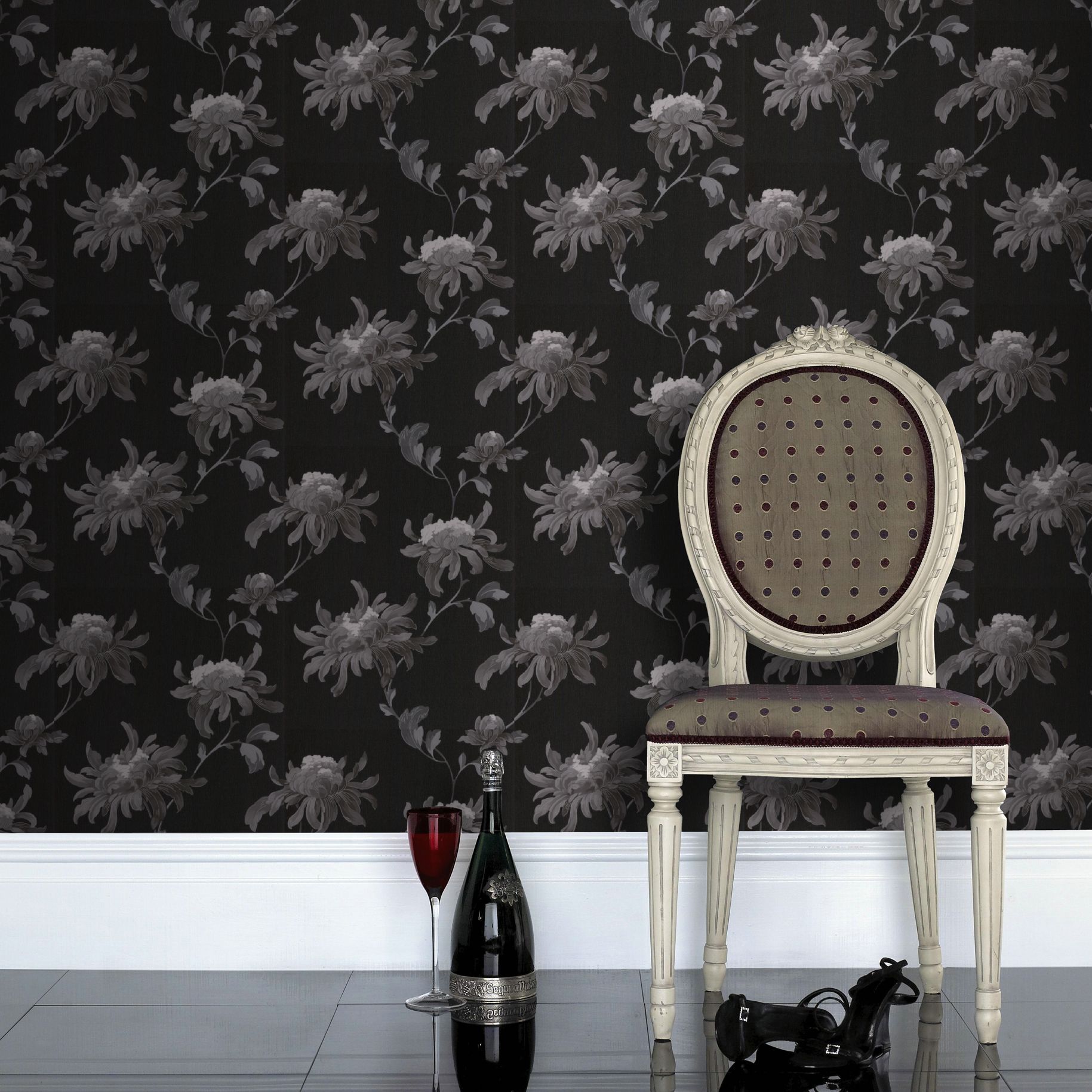 Julien MacDonald Fabulous Black & grey Glitter effect Floral Smooth Wallpaper Sample
