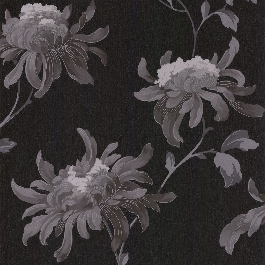 Julien MacDonald Fabulous Black & grey Glitter effect Floral Smooth Wallpaper Sample