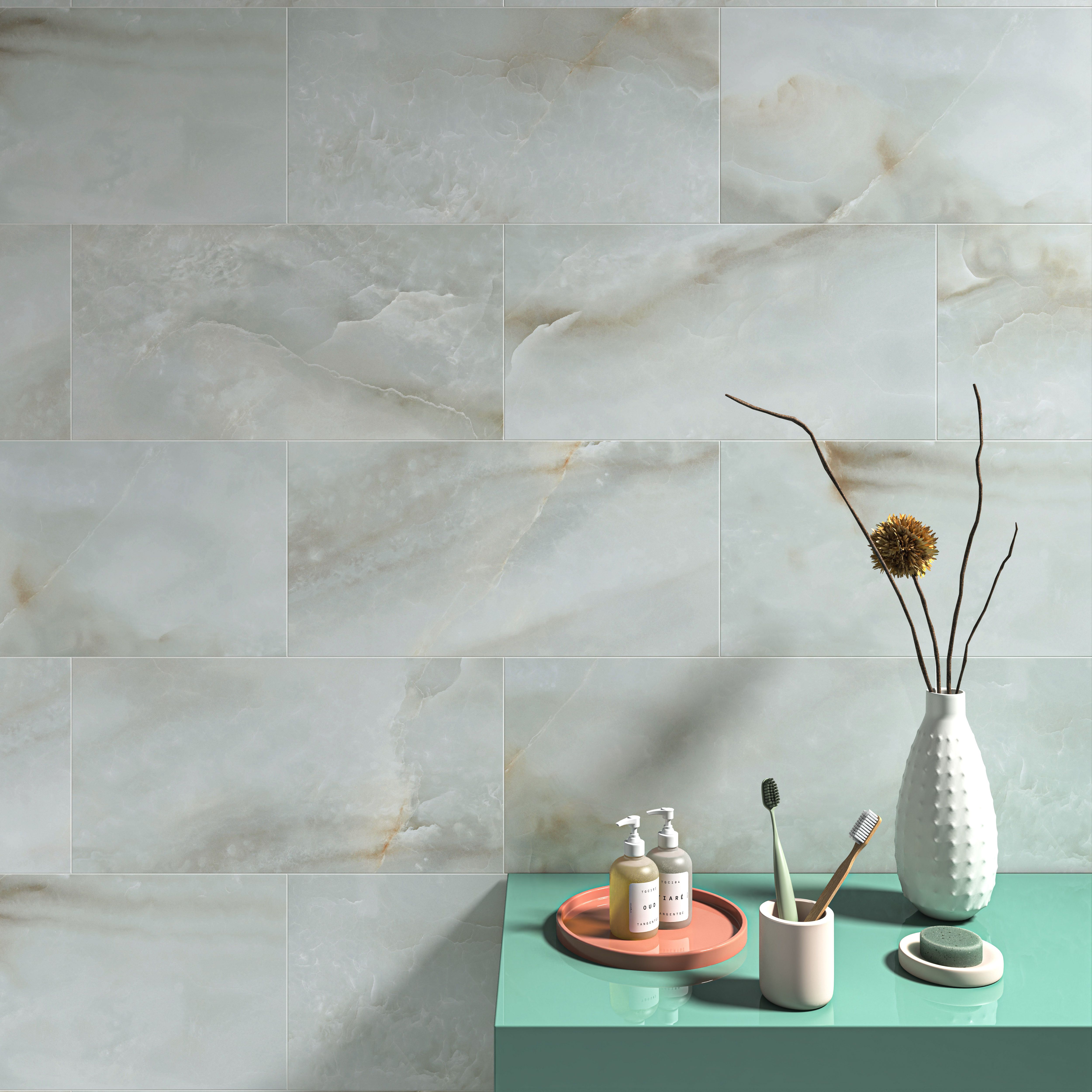 Kale Onyx Jade High gloss Marble effect Ceramic Indoor Wall tile, Pack of 6, (L)600mm (W)300mm