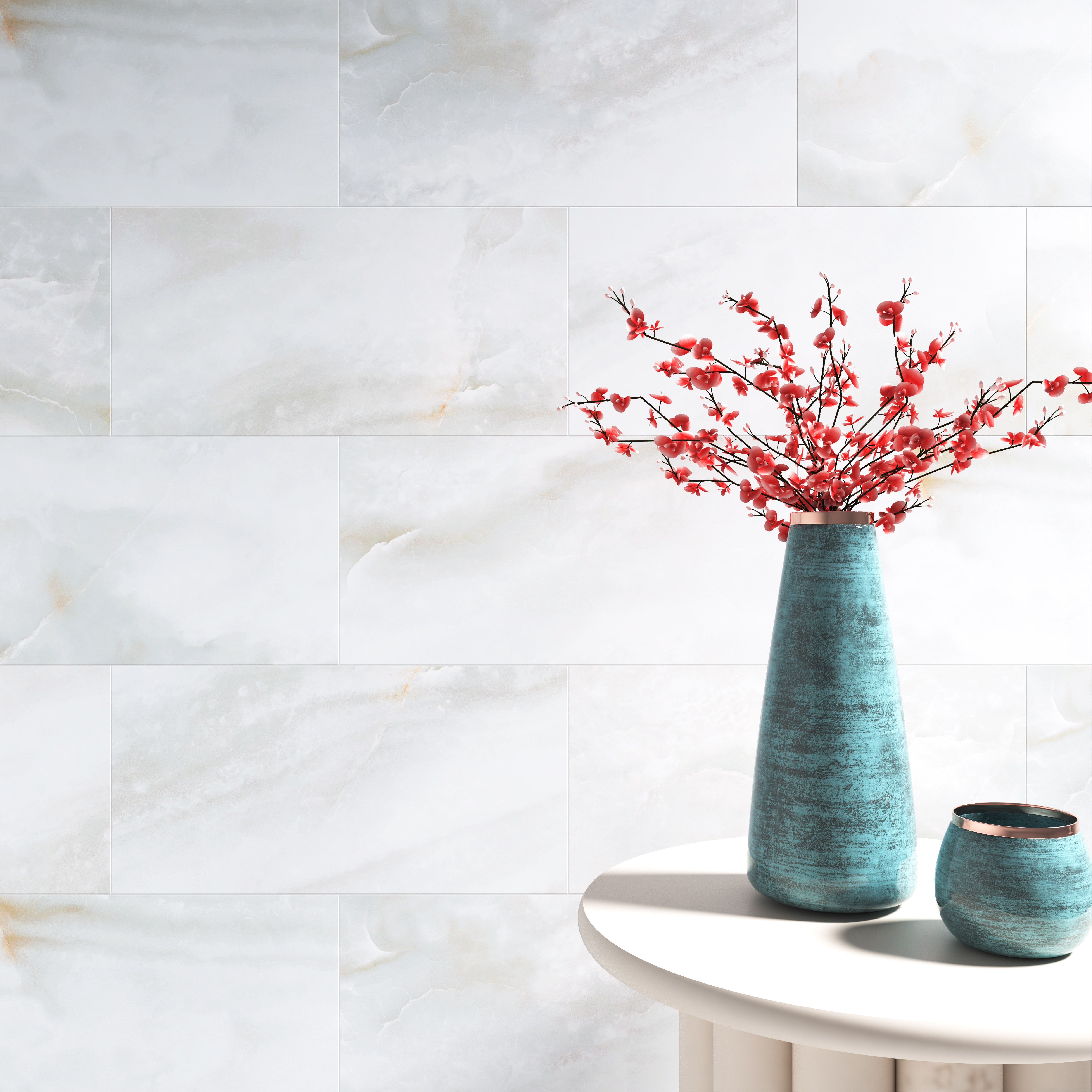 Kale Onyx Pearla High gloss Marble effect Ceramic Indoor Wall tile, Pack of 6, (L)600mm (W)300mm
