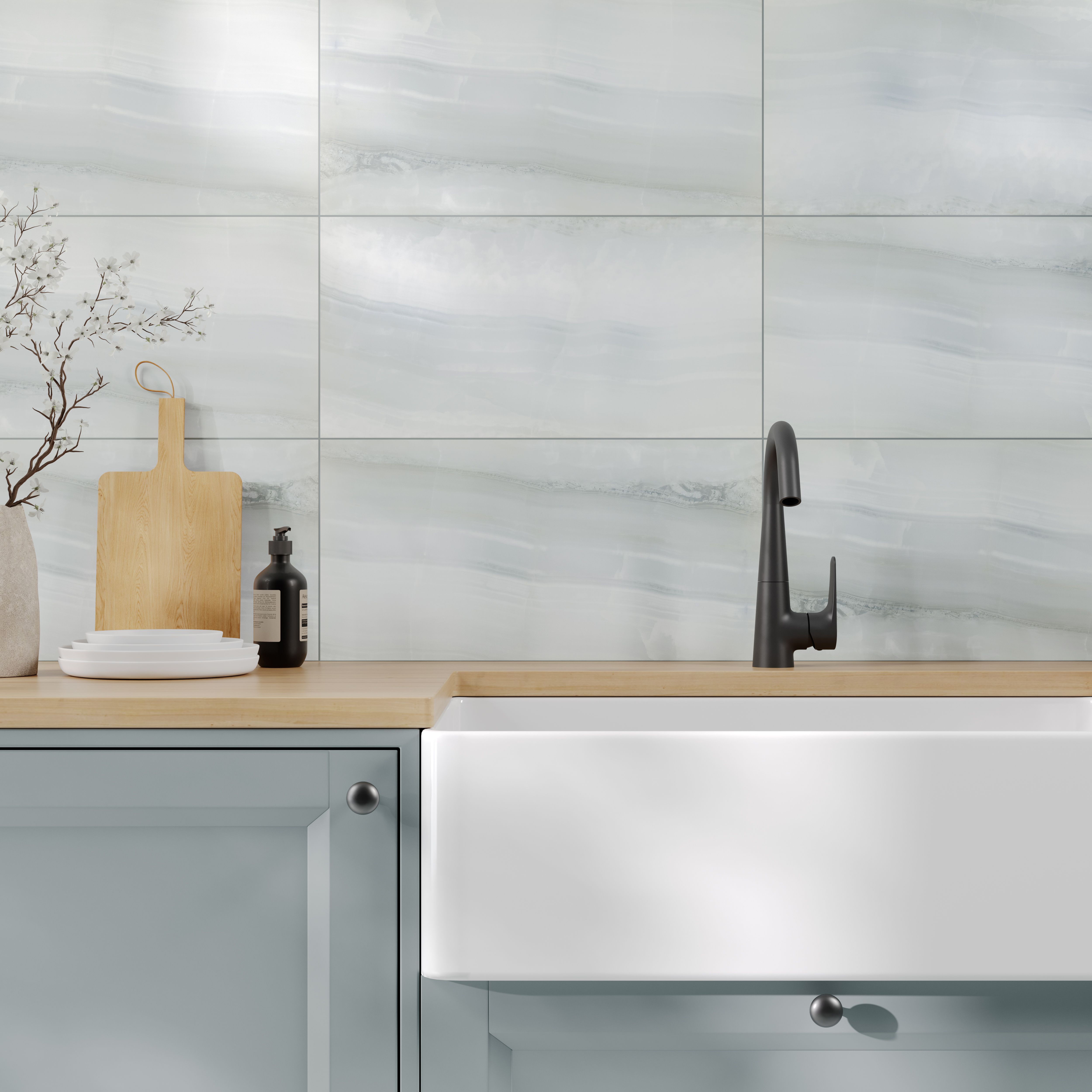 Kale Silk Grey Satin Natural Marble effect Ceramic Indoor Wall tile, Pack of 6, (L)600mm (W)300mm