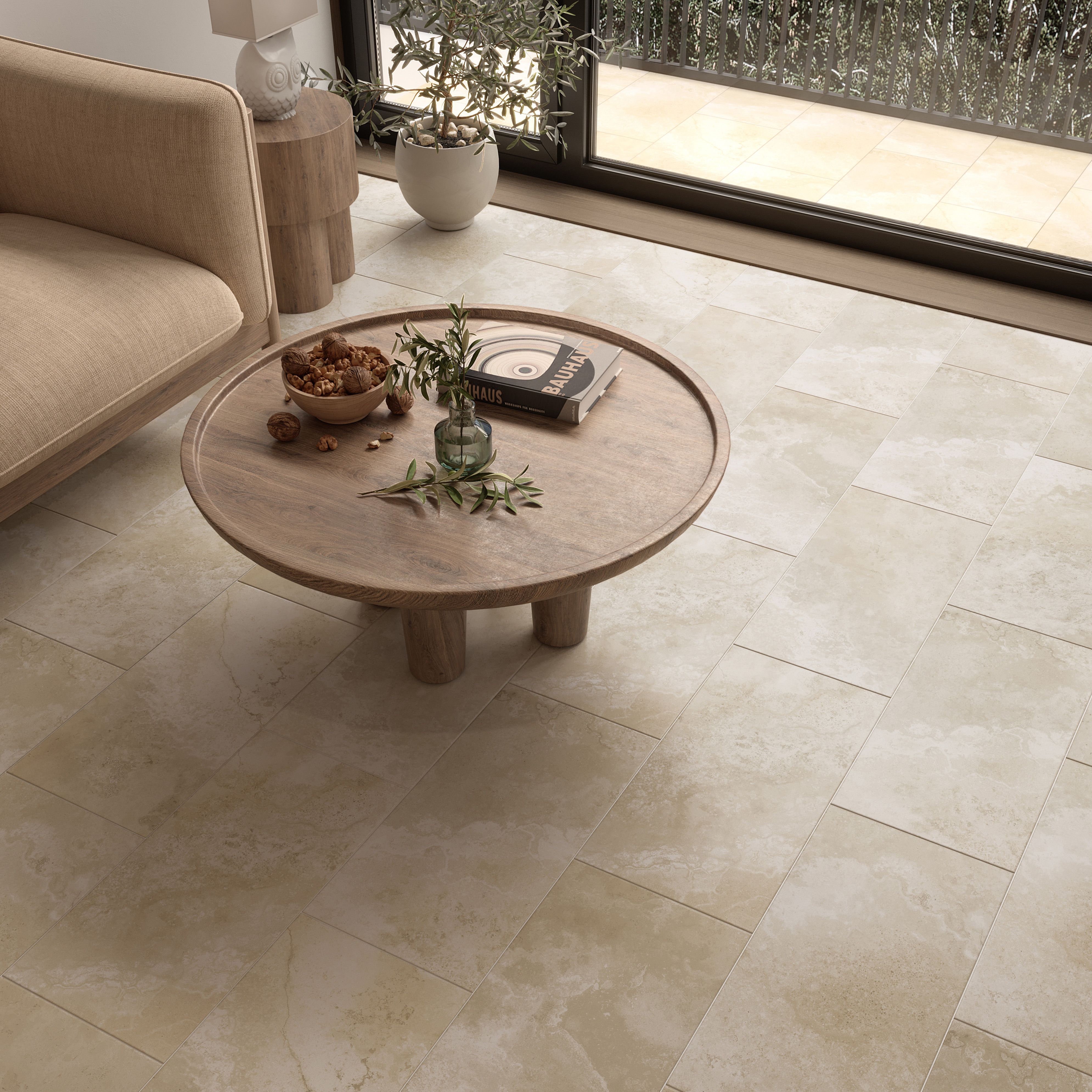 Kale Travertine Beige Matt Natural Stone effect Porcelain Indoor Wall & floor Tile, Pack of 6, (L)600mm (W)300mm